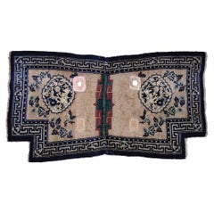 19th Century Tibet Saddle Rug Hand-Knotted Tang Song Decorations Blue White Wool