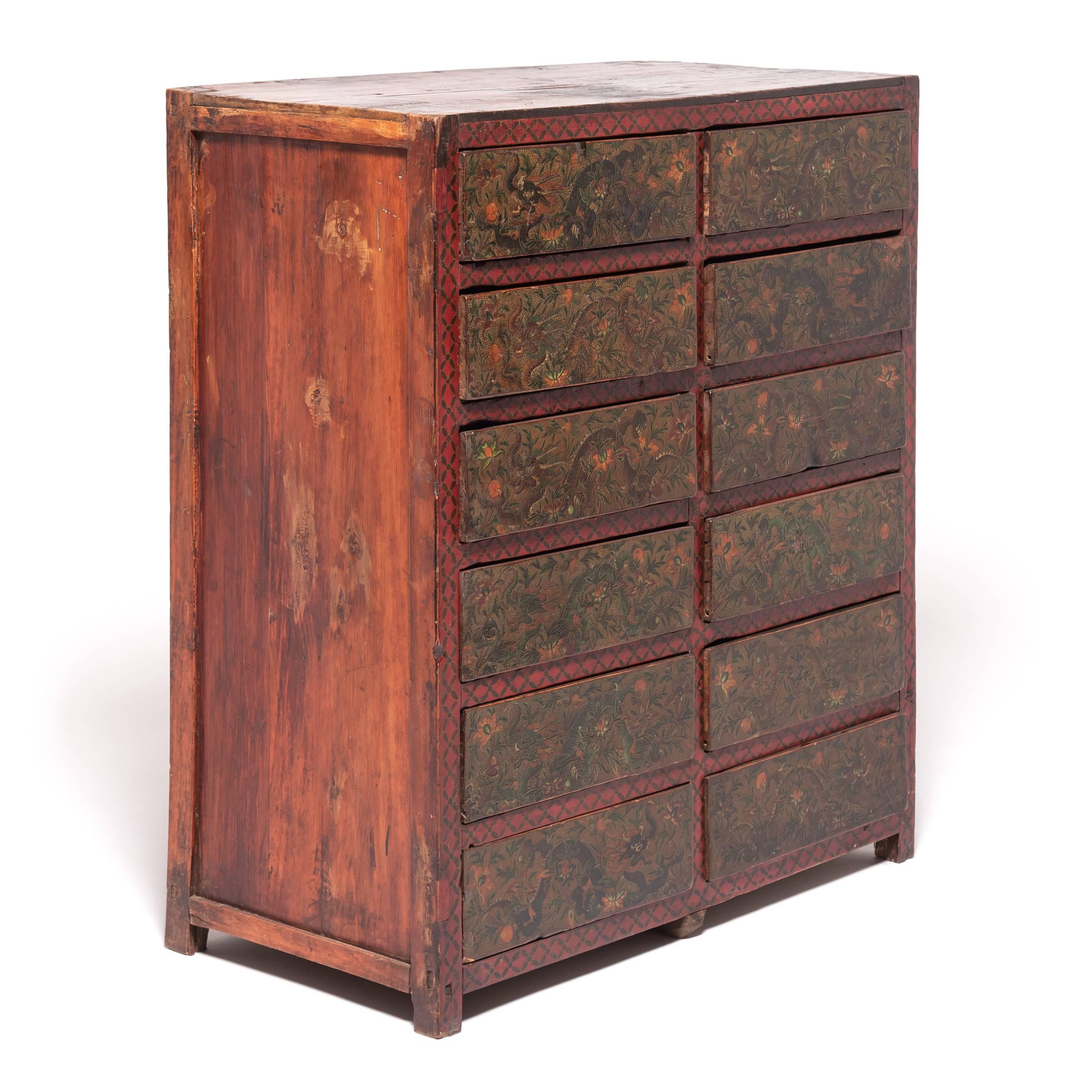 Wood 19th Century Tibetan 12 Drawer Dragon Cabinet