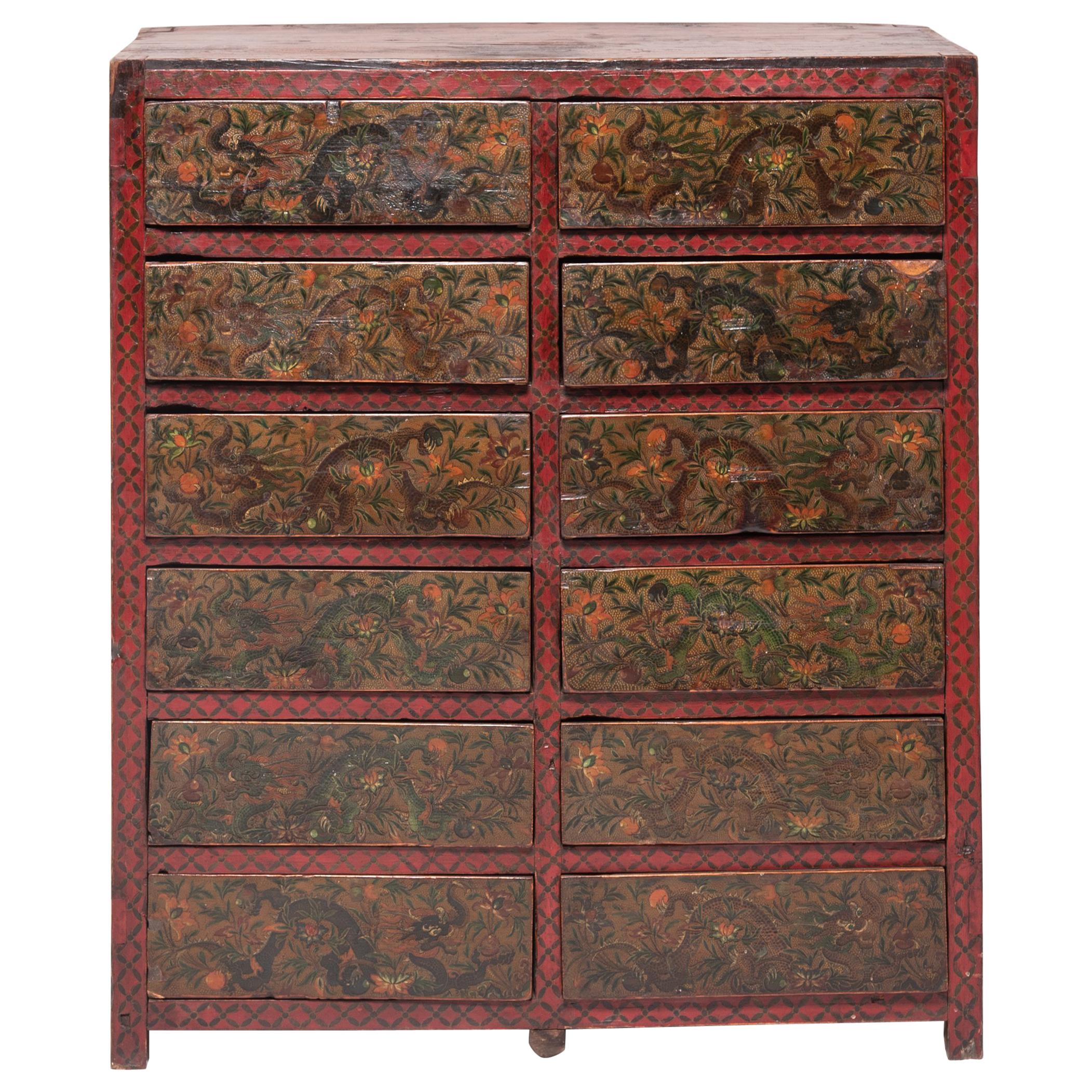19th Century Tibetan 12 Drawer Dragon Cabinet