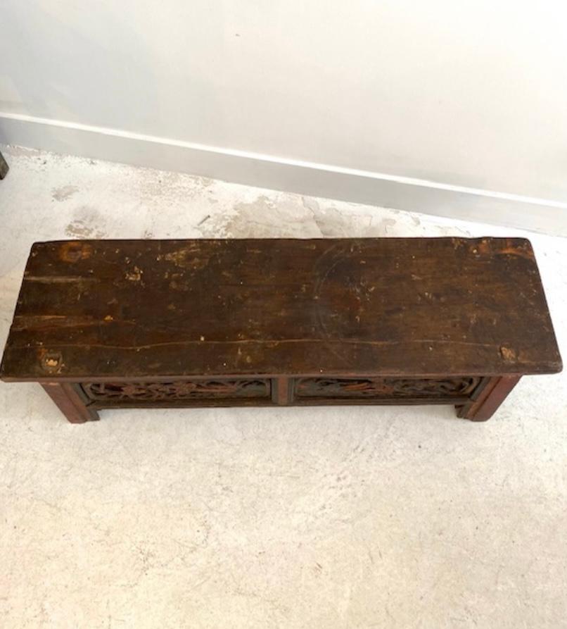 Hand-Carved 19th century Tibetan bench in hand painted wood