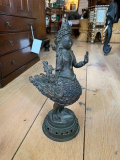 19th Century Tibetan Buddhist Bronze Statue of Goddess with Duck Boy, Marked