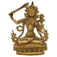 Tibetische vergoldete Bronzefigur des Manjushri Bodhisattva aus dem 19.