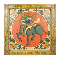 Antique 19th Century Tibetan Painted Panel with Mythical Goat