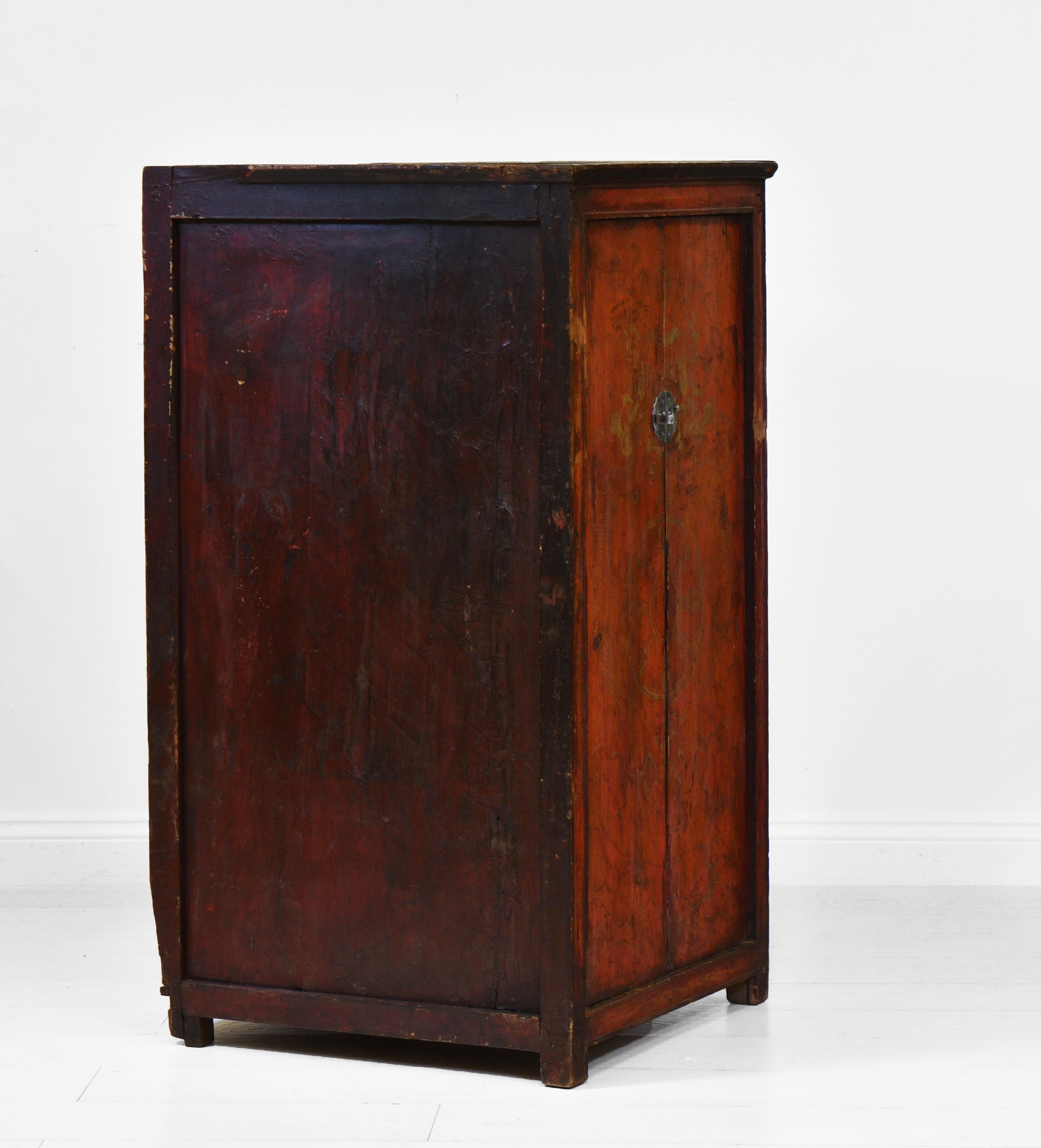 Hand-Crafted 19th Century Tibetan Painted Red Cupboard Cabinet For Sale