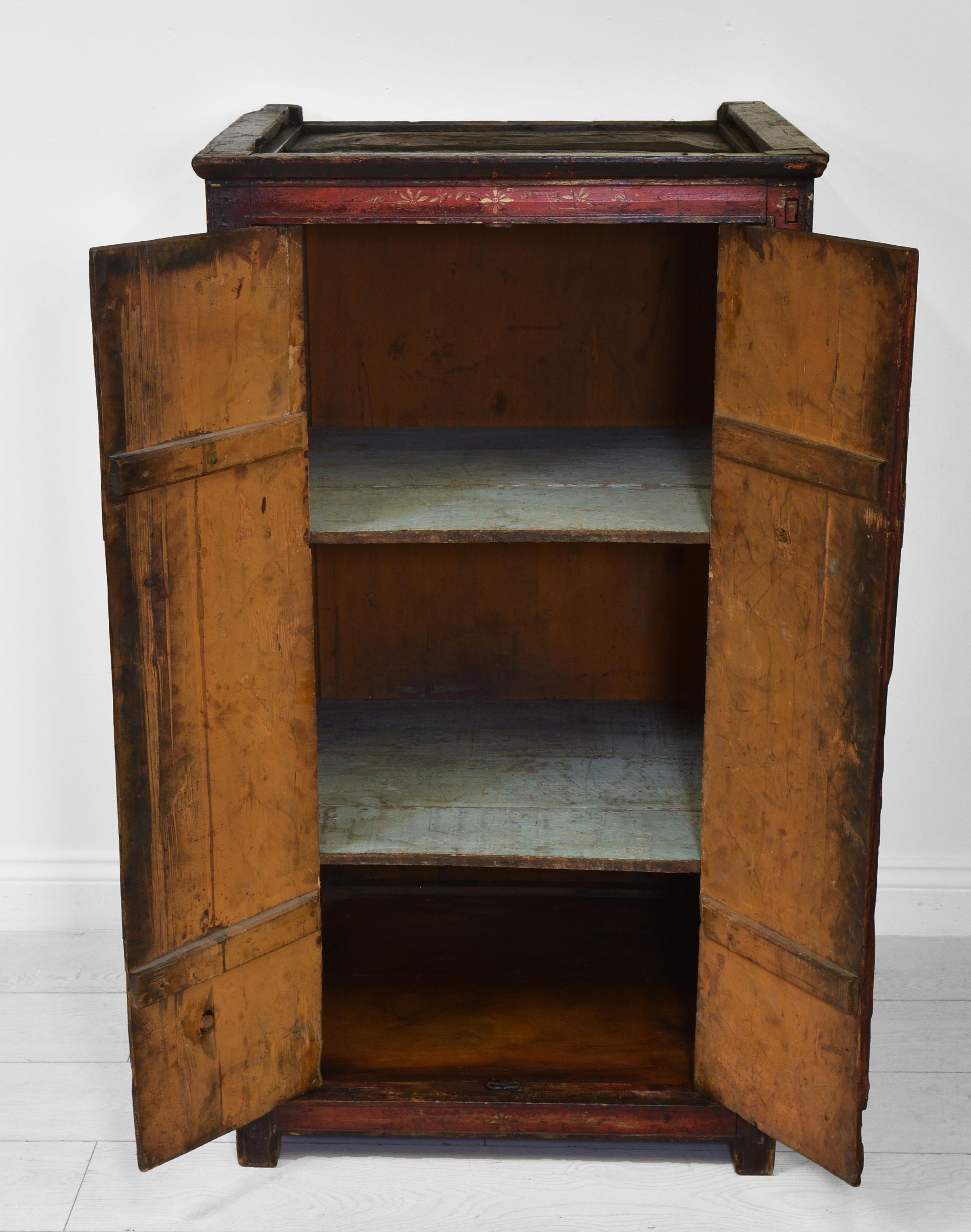 Pine 19th Century Tibetan Painted Red Cupboard Cabinet For Sale