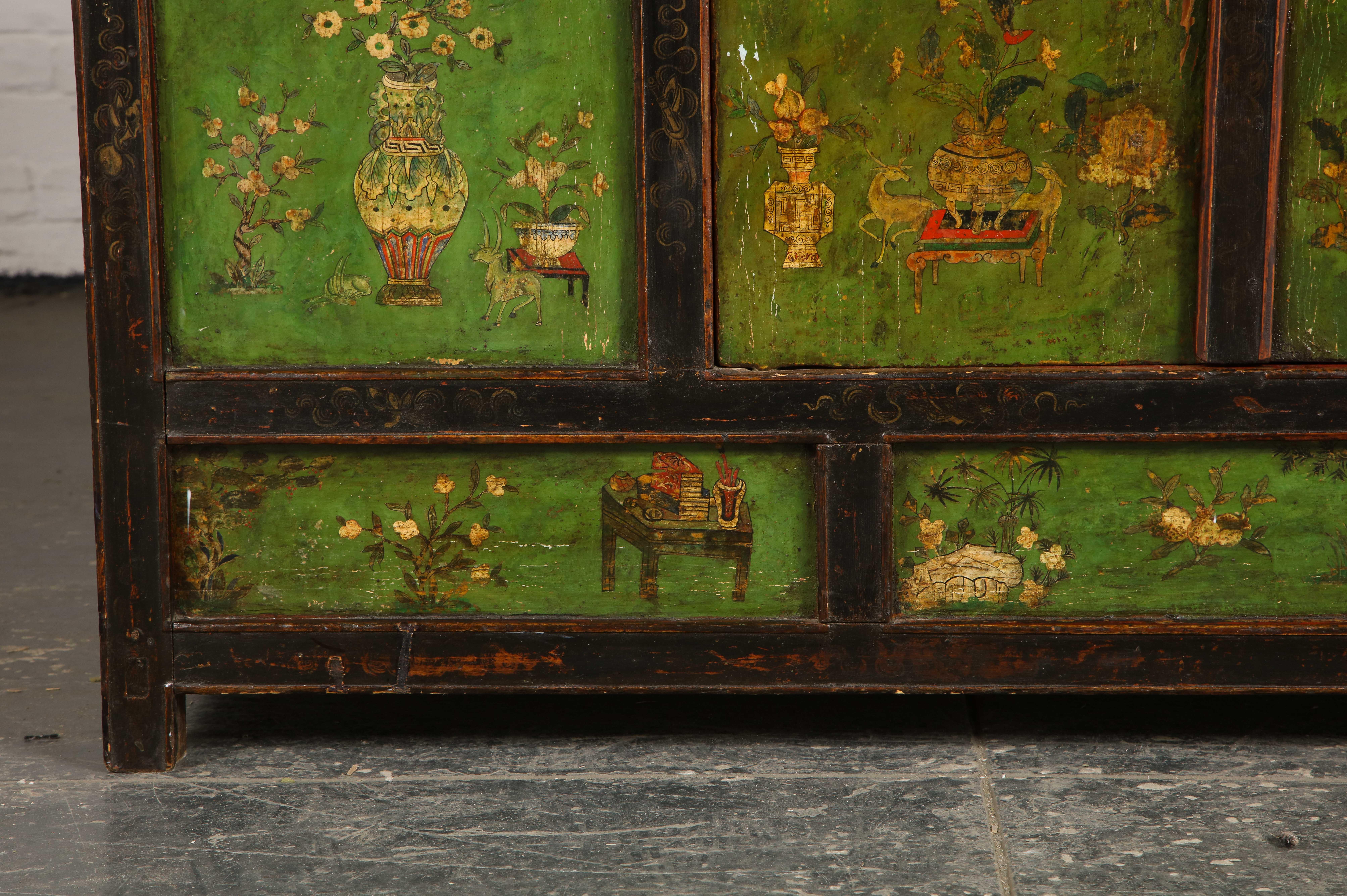 19th Century Tibetan Polychrome and Green-Painted Cabinet In Fair Condition In New York, NY