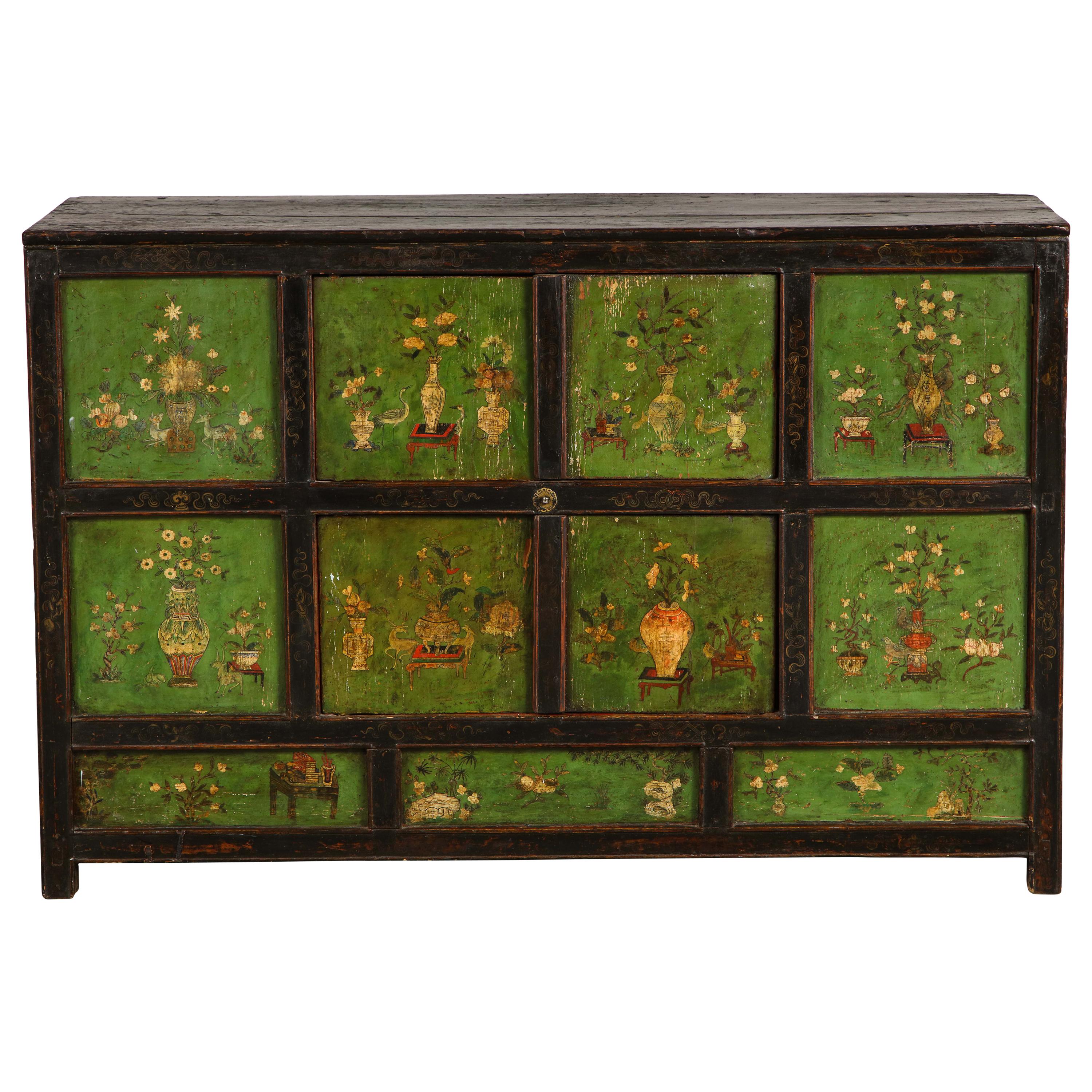 19th Century Tibetan Polychrome and Green-Painted Cabinet