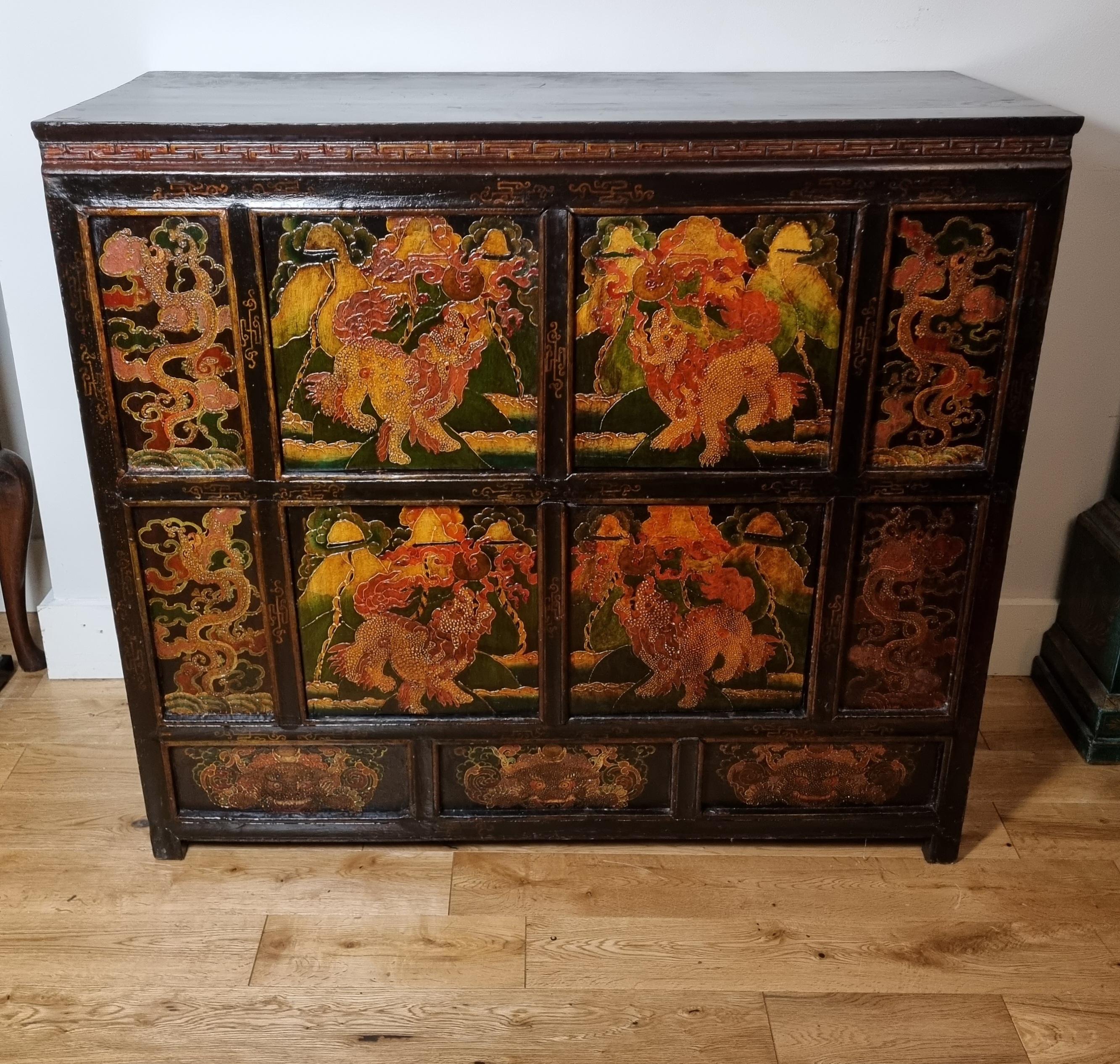 Hand-Painted 19th Century Tibetan Polychrome Painted Cabinet