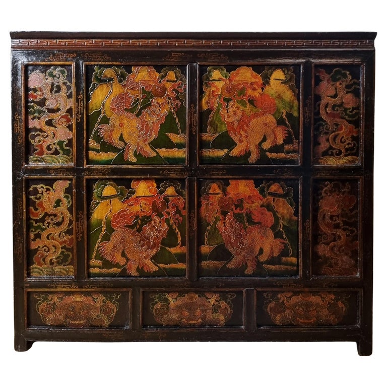 Pair of Painted Polychrome Tibetan Altar Cabinets - Late 19thC Pair of Painted Polychrome Tibetan Altar Cabinets - Late 19thC