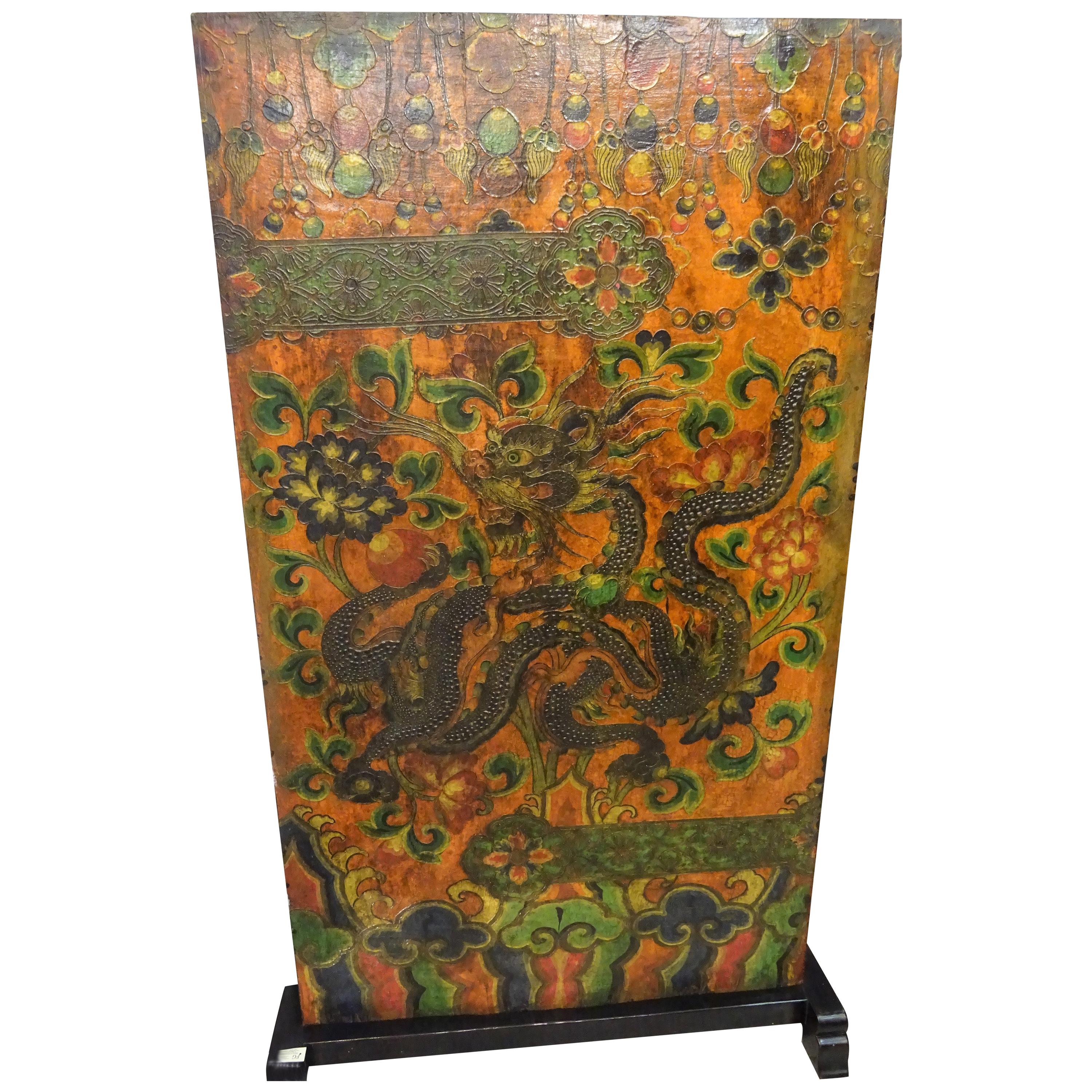 20th Century Tibetan Red and Green Door in Polychrome Wood with Natural Pigments