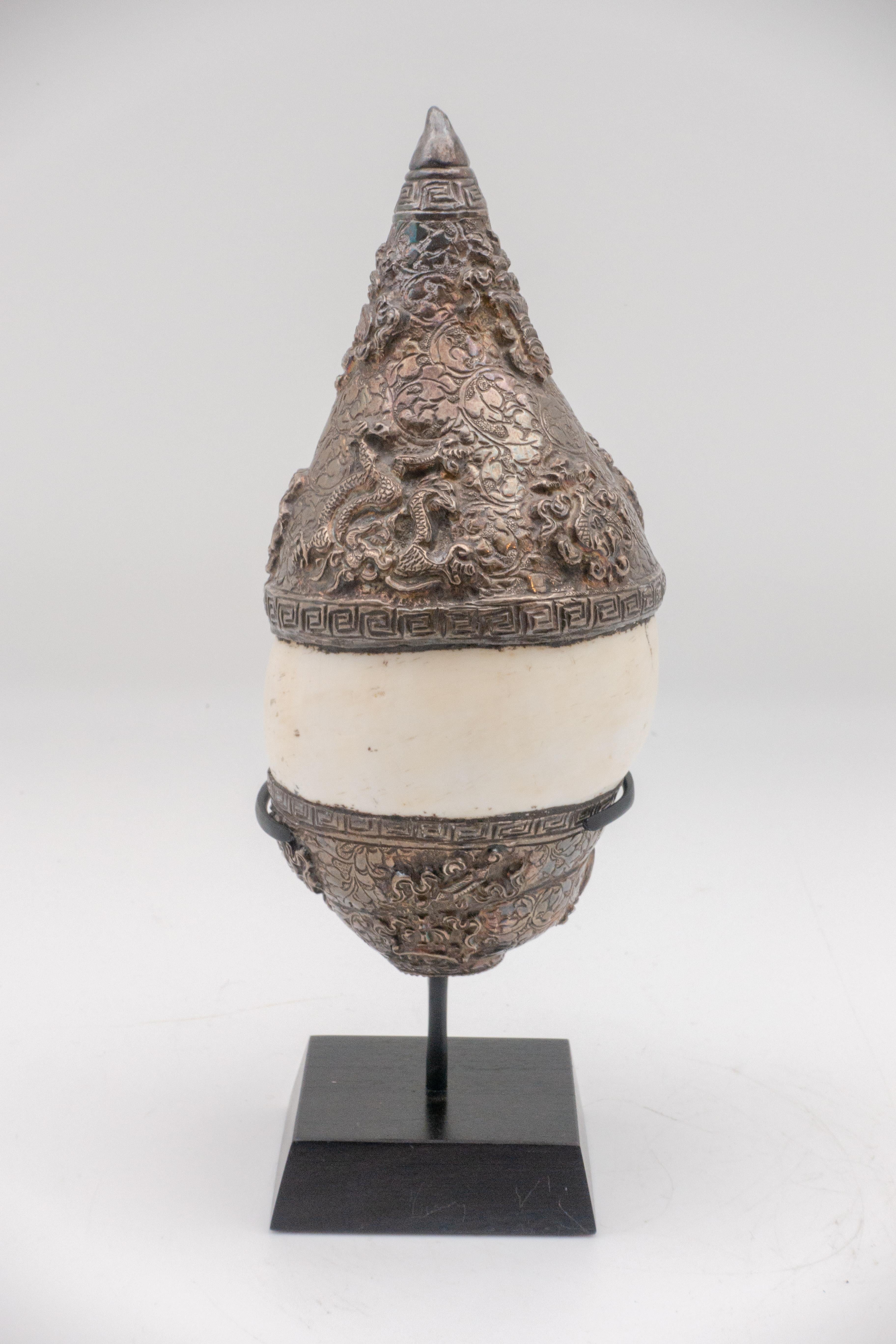 Tibetan silver and conch shell trumpet, referred to as 'dung dkar' ???????? in Tibetan (meaning 