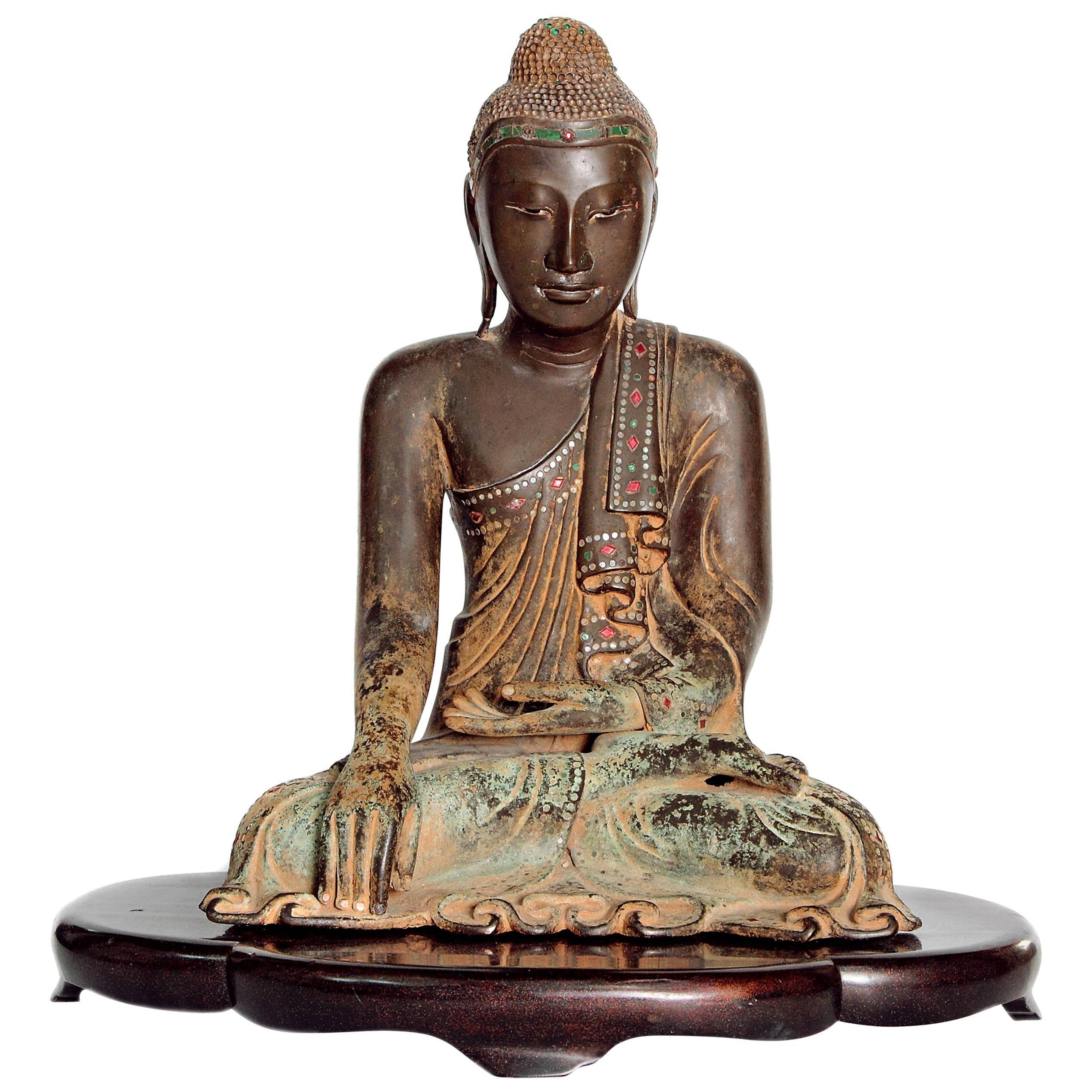 19th Century Mandalay Style Buddha of Bronze with Verdigris