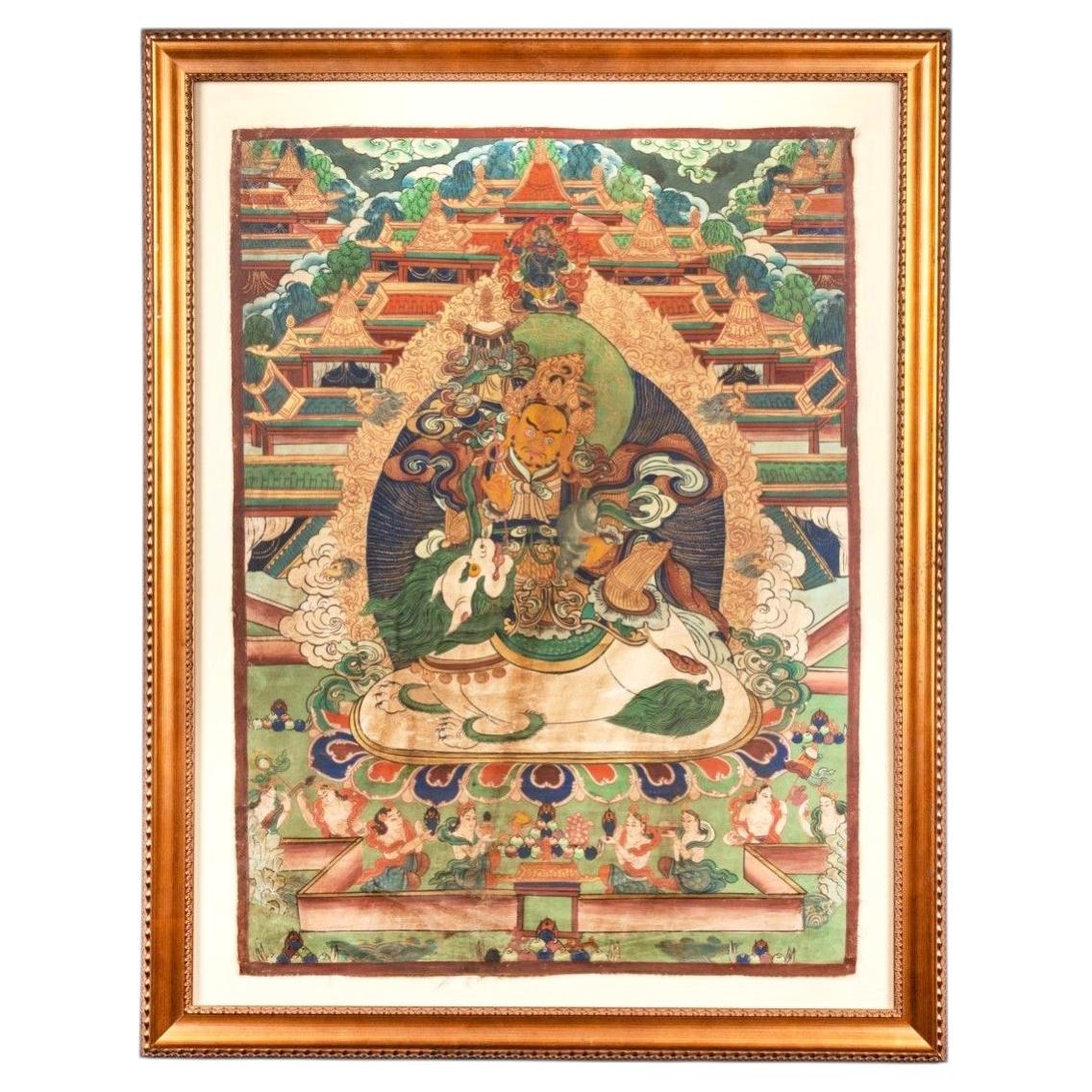 Tibetische Thangka aus dem 19. Jahrhundert, die Vaishravana (Kubera), den Schutzkönig des Nordens, darstellt