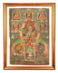 19th Century Tibetan Thangka Painting of Green Tara, Pigment on Cotton, Framed