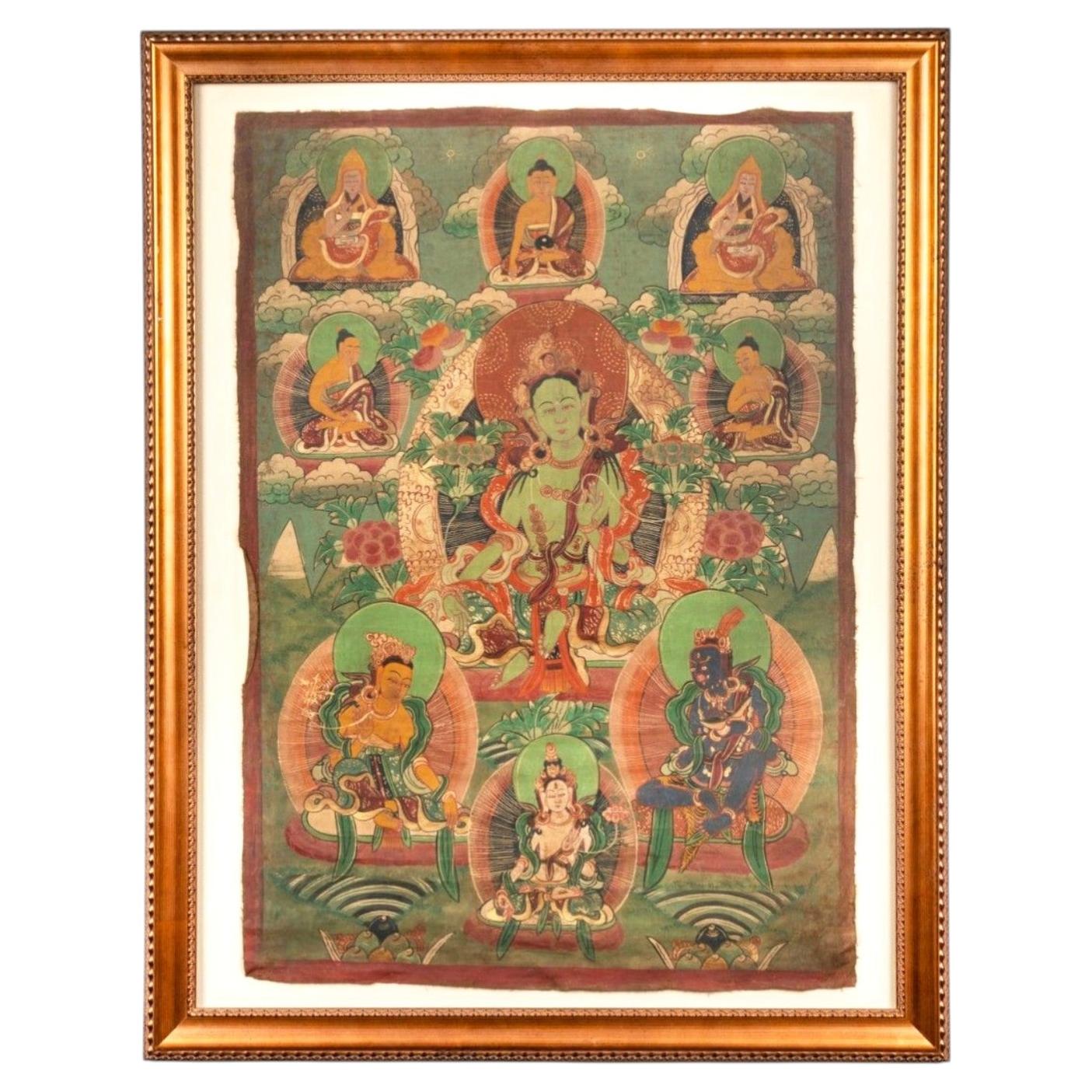 19th Century Tibetan Thangka Painting of Green Tara, Pigment on Cotton, Framed