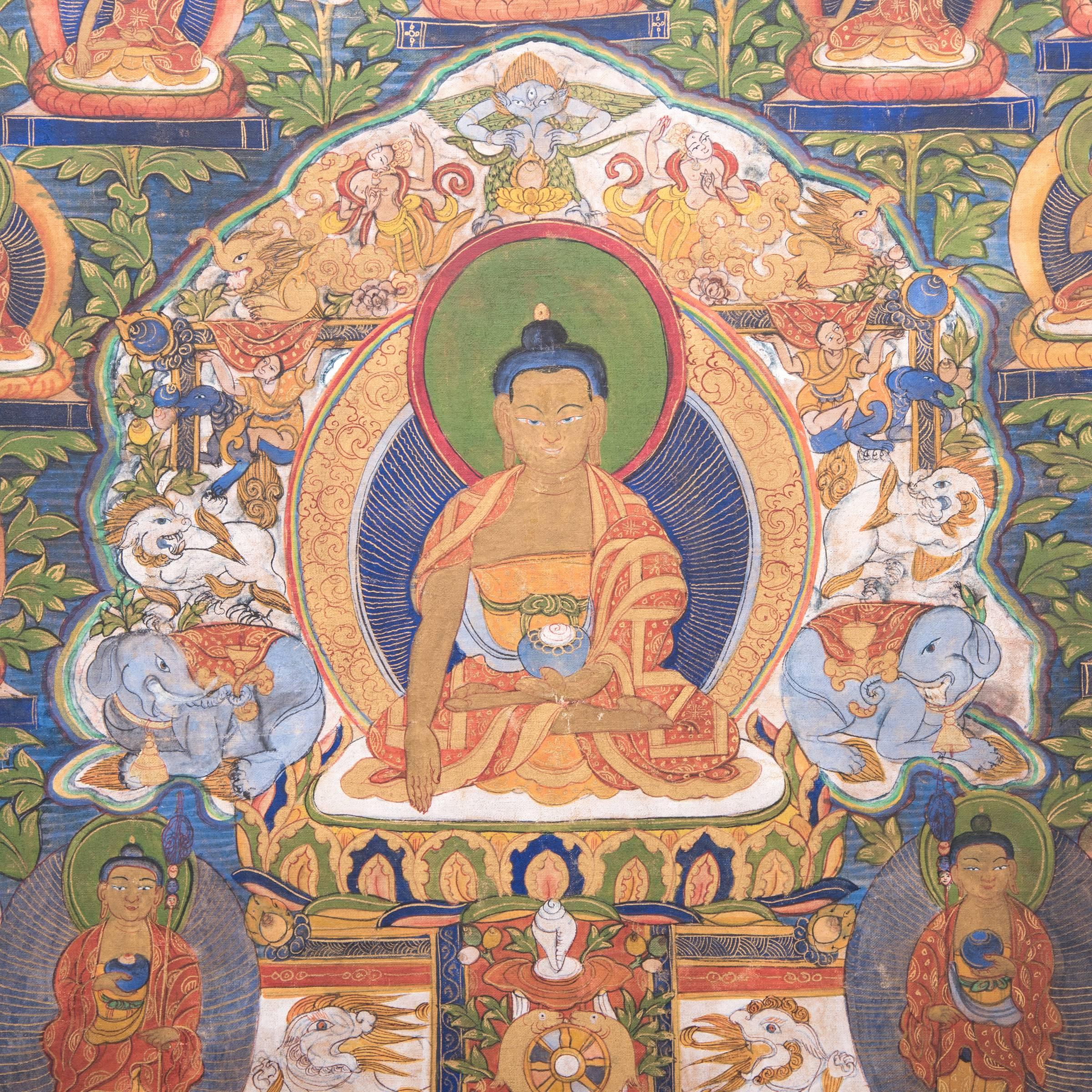 Buddhist practitioners strive for nirvana, a state in which they no longer yearn for earthly desires or temptations. In this stunningly detailed Tibetan thangka painting, we see the Buddha at rest, having left his life on earth to achieve