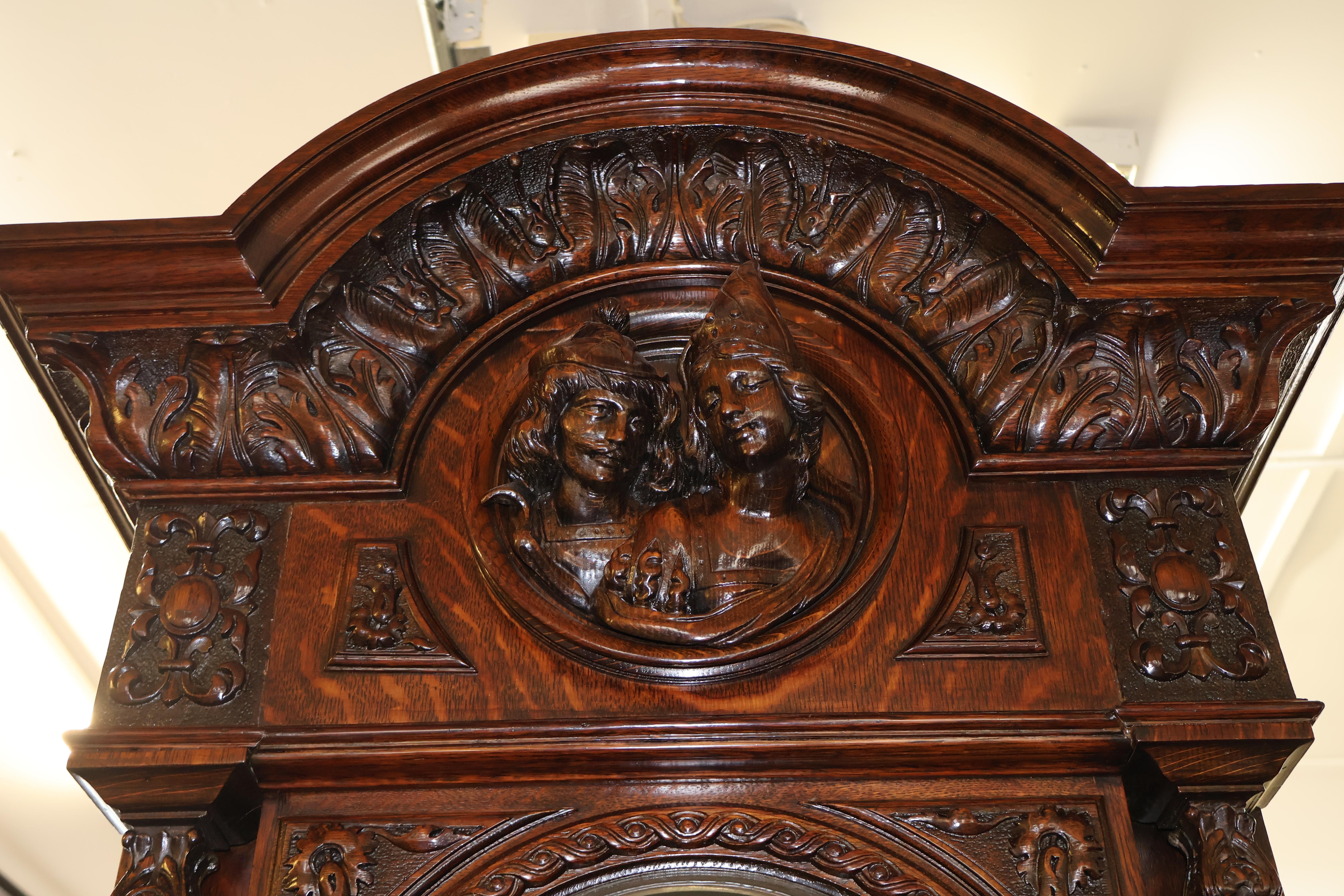 19th Century Tiffany & Co Figural Carved Tiger Oak 9 Tube Grandfather Clock 7