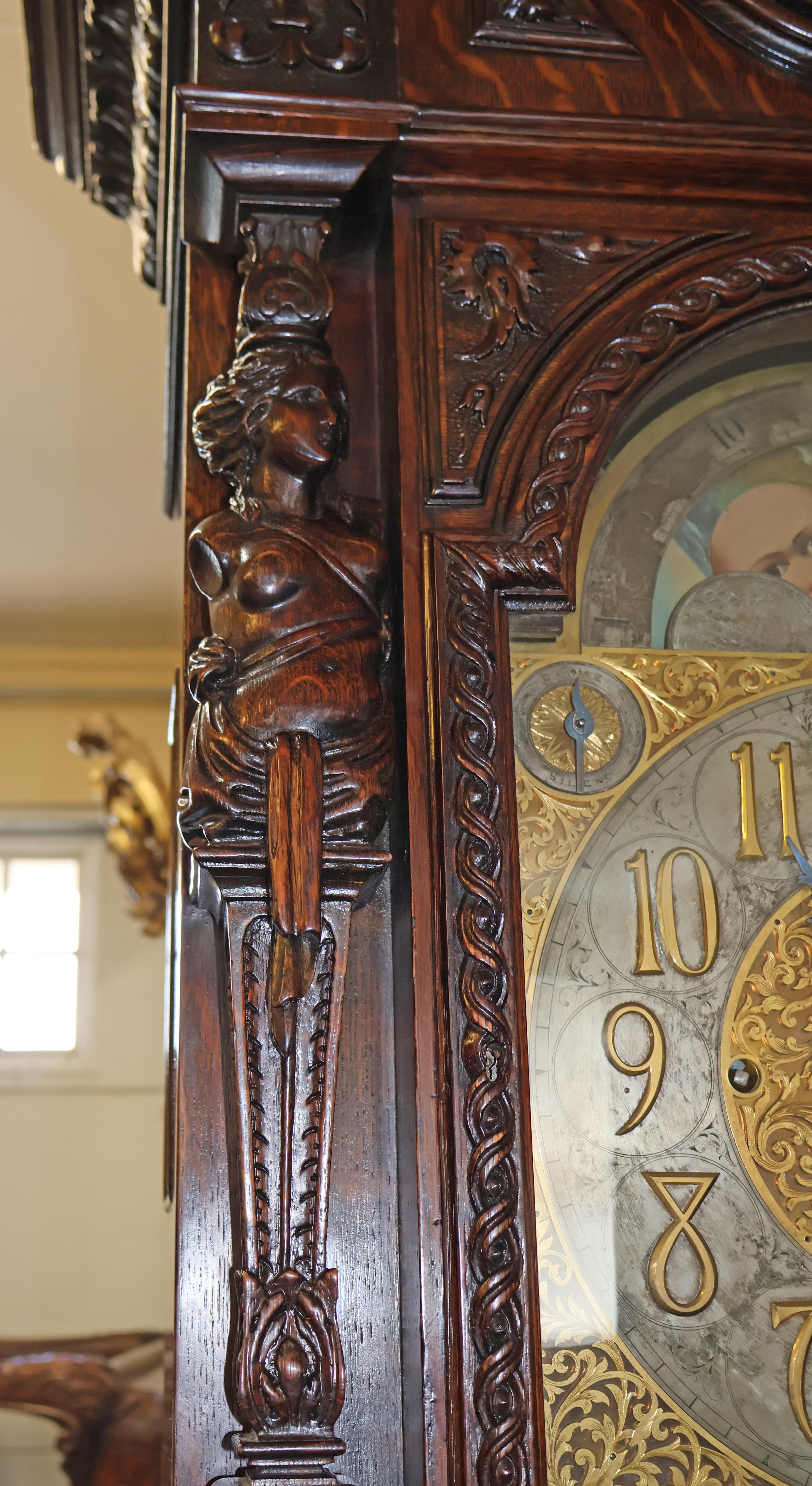 19th Century Tiffany & Co Figural Carved Tiger Oak 9 Tube Grandfather Clock 8