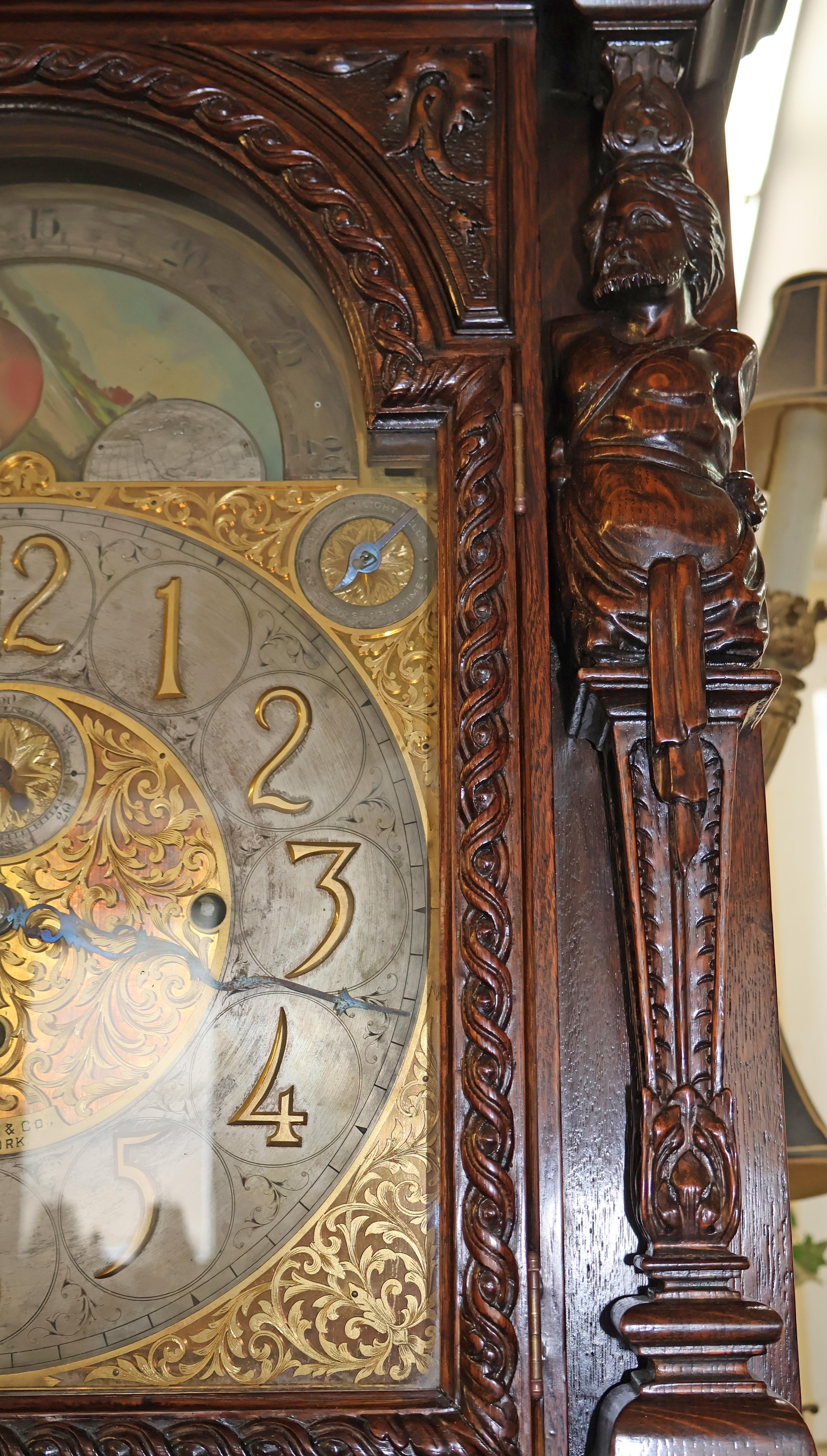 19th Century Tiffany & Co Figural Carved Tiger Oak 9 Tube Grandfather Clock 9