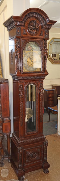 19th Century Tiffany & Co Figural Carved Tiger Oak 9 Tube Grandfather Clock