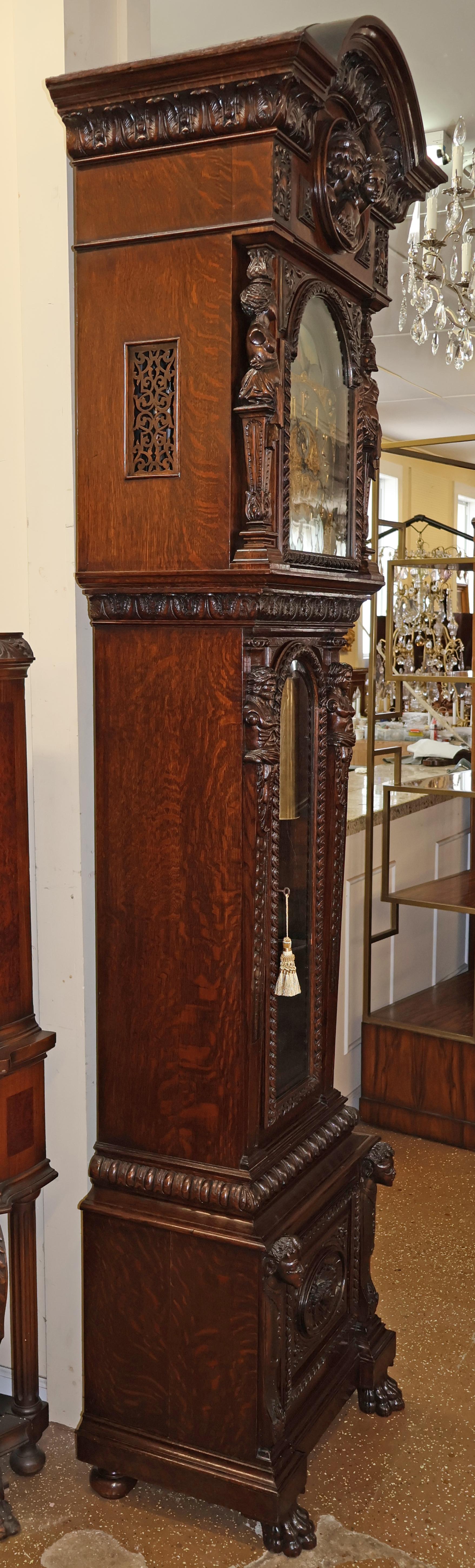 Victorian 19th Century Tiffany & Co Figural Carved Tiger Oak 9 Tube Grandfather Clock