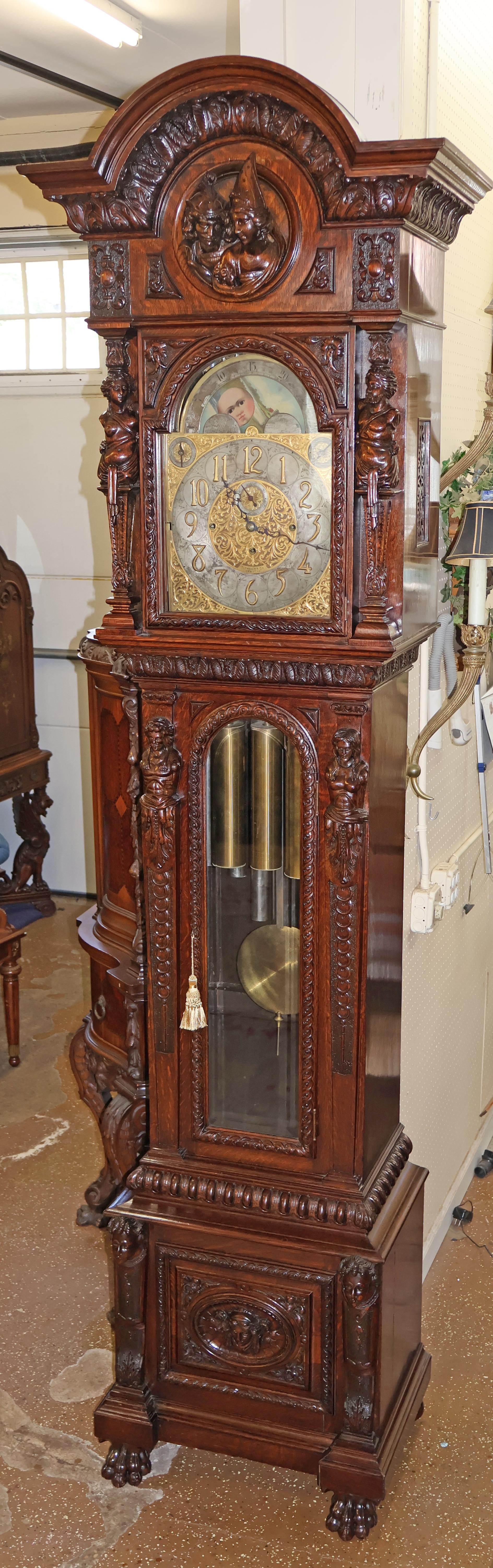 American 19th Century Tiffany & Co Figural Carved Tiger Oak 9 Tube Grandfather Clock