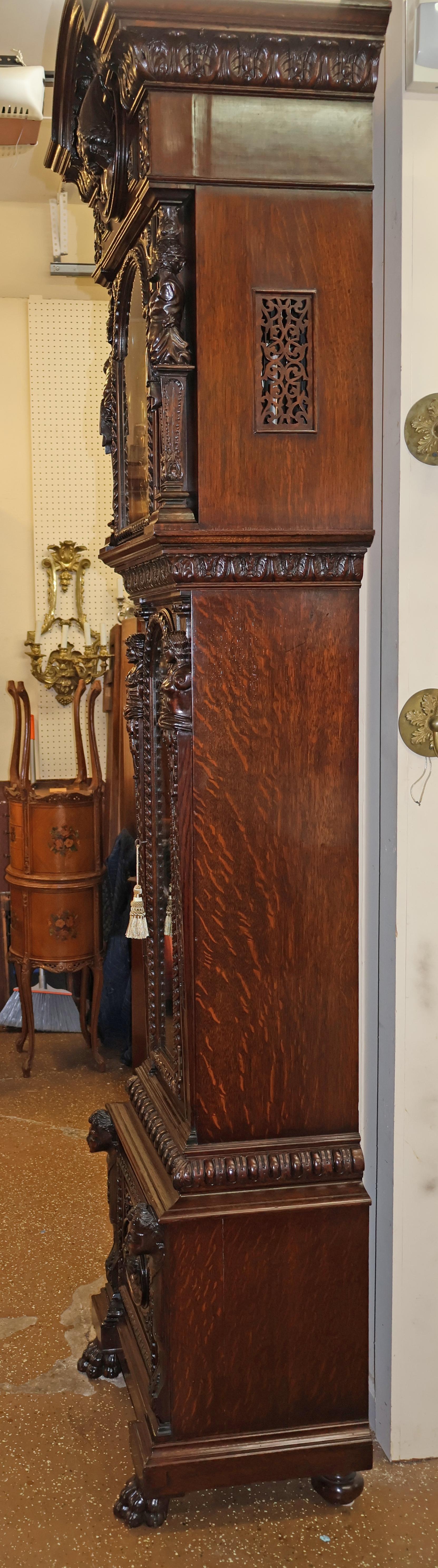 19th Century Tiffany & Co Figural Carved Tiger Oak 9 Tube Grandfather Clock In Good Condition In Long Branch, NJ