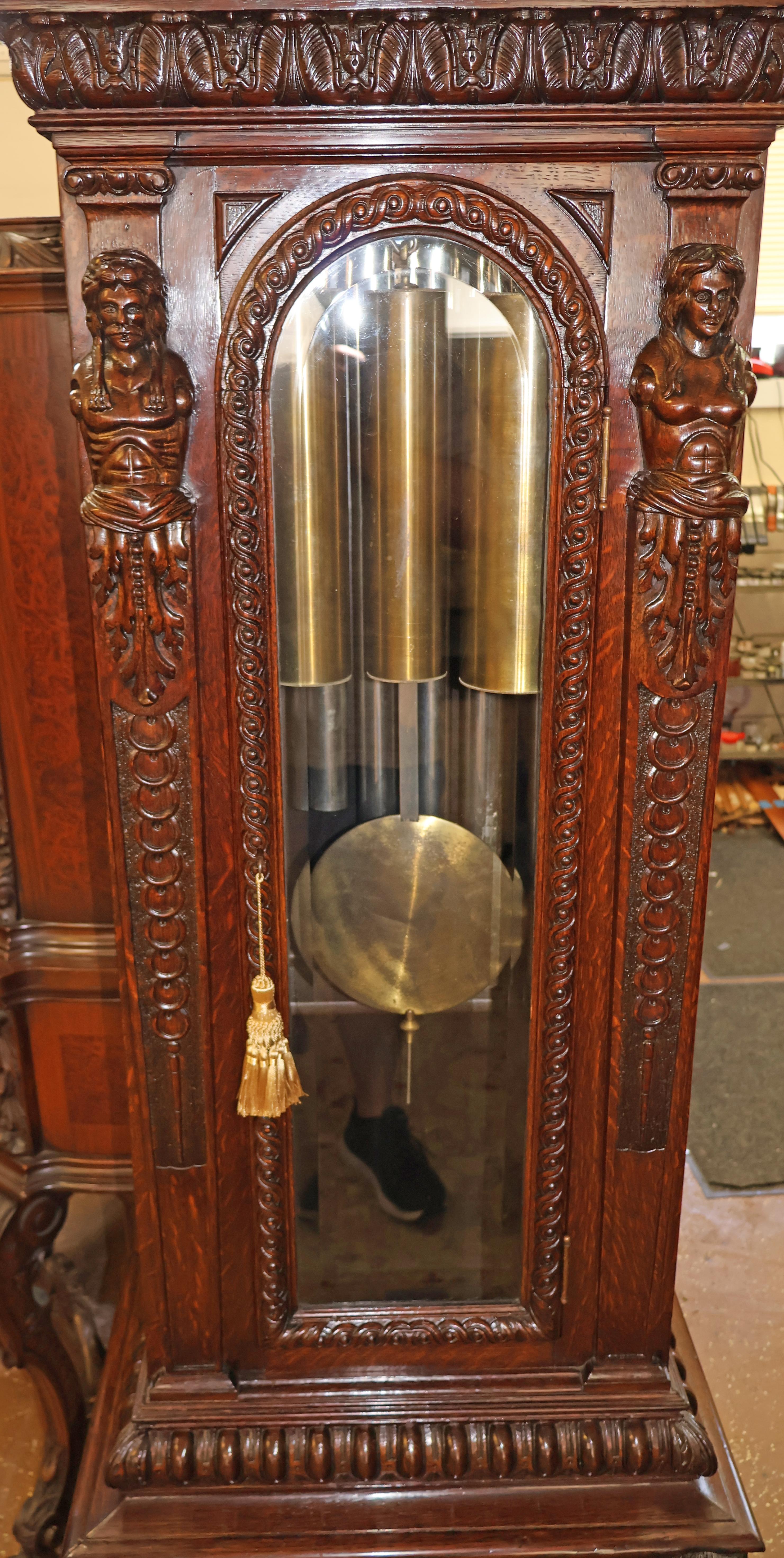 19th Century Tiffany & Co Figural Carved Tiger Oak 9 Tube Grandfather Clock 2
