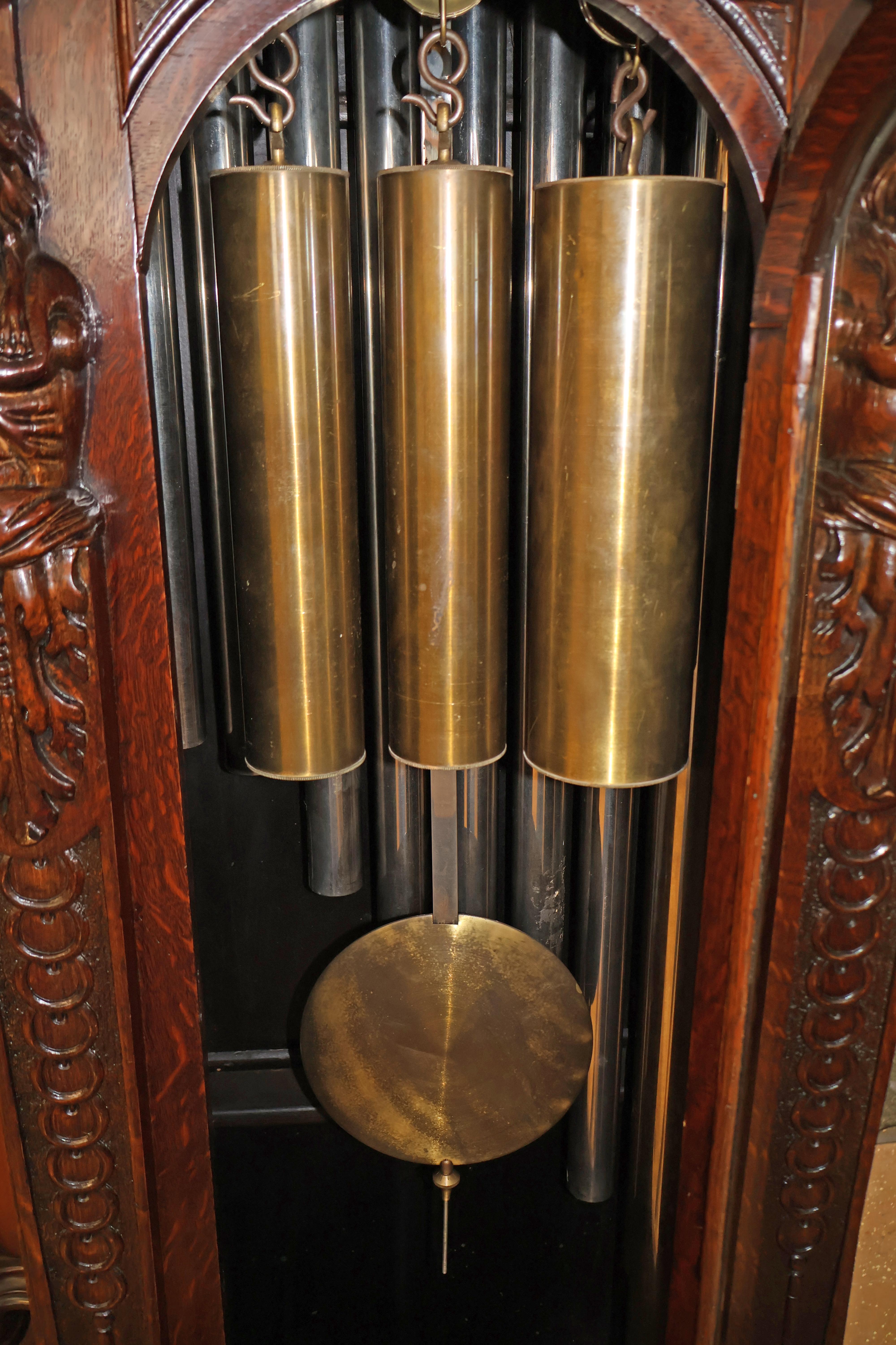 19th Century Tiffany & Co Figural Carved Tiger Oak 9 Tube Grandfather Clock 3
