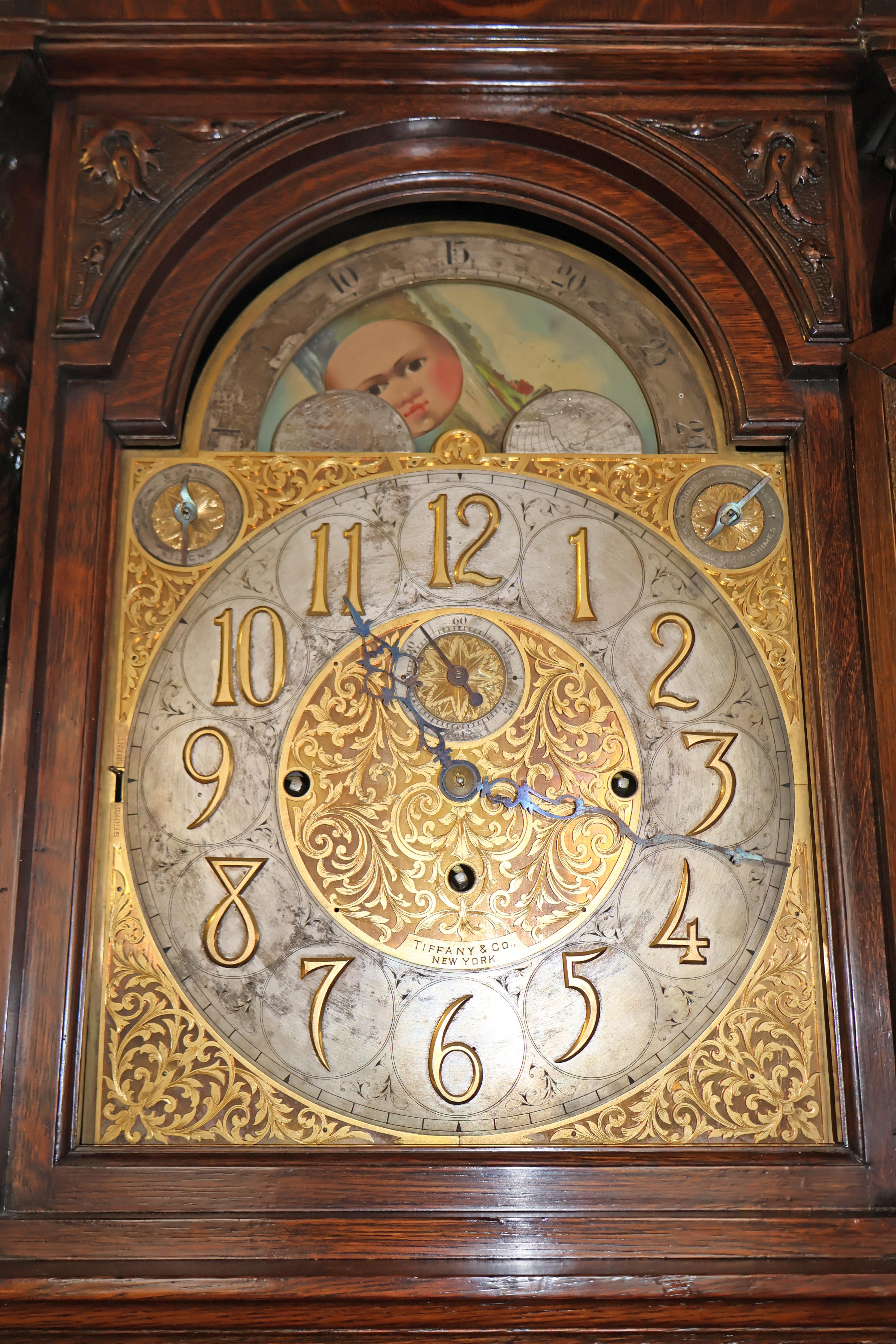19th Century Tiffany & Co Figural Carved Tiger Oak 9 Tube Grandfather Clock 4