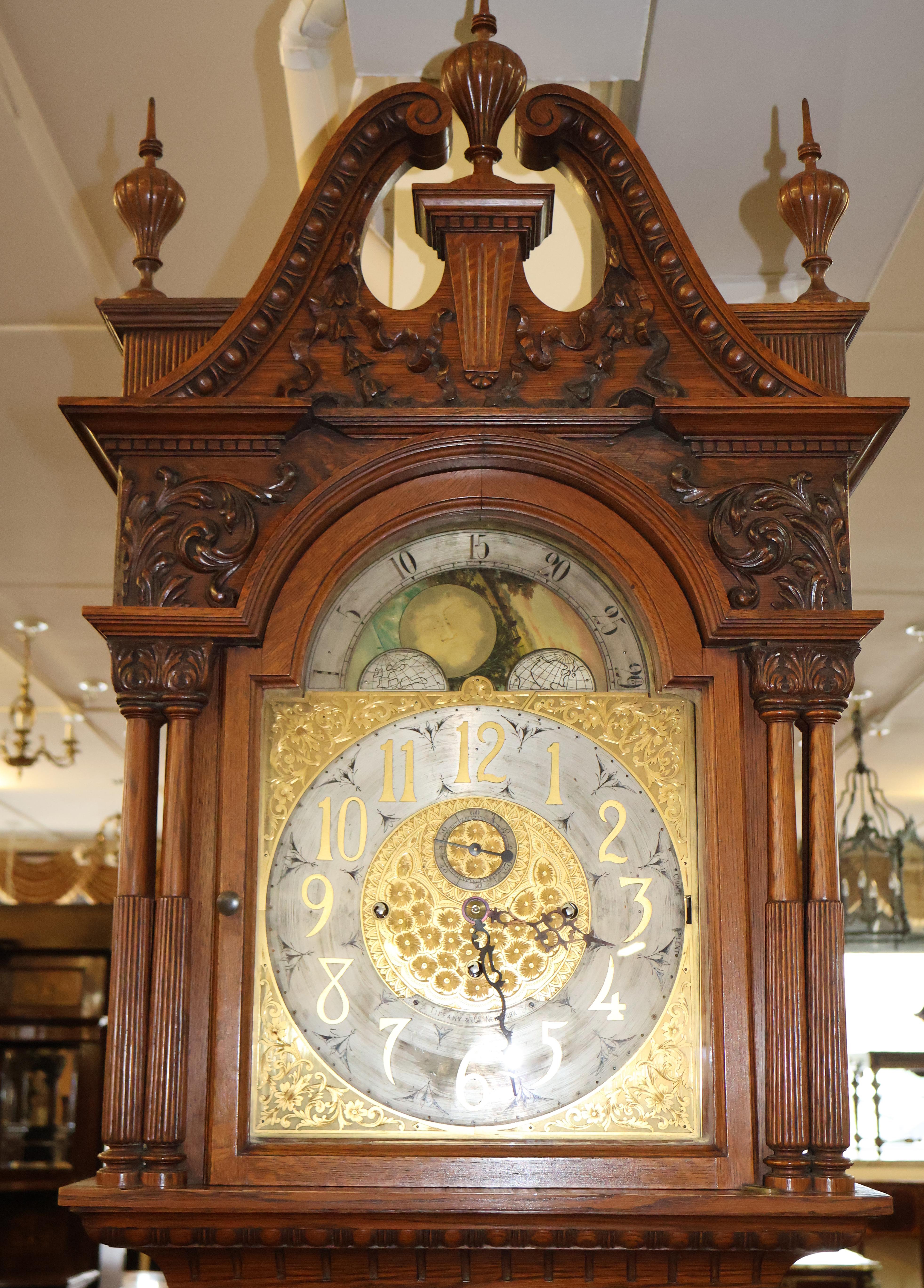 19th Century Tiffany & CO Oak 5 Musical 5 Gong Tall Case Grandfather Clock For Sale 5