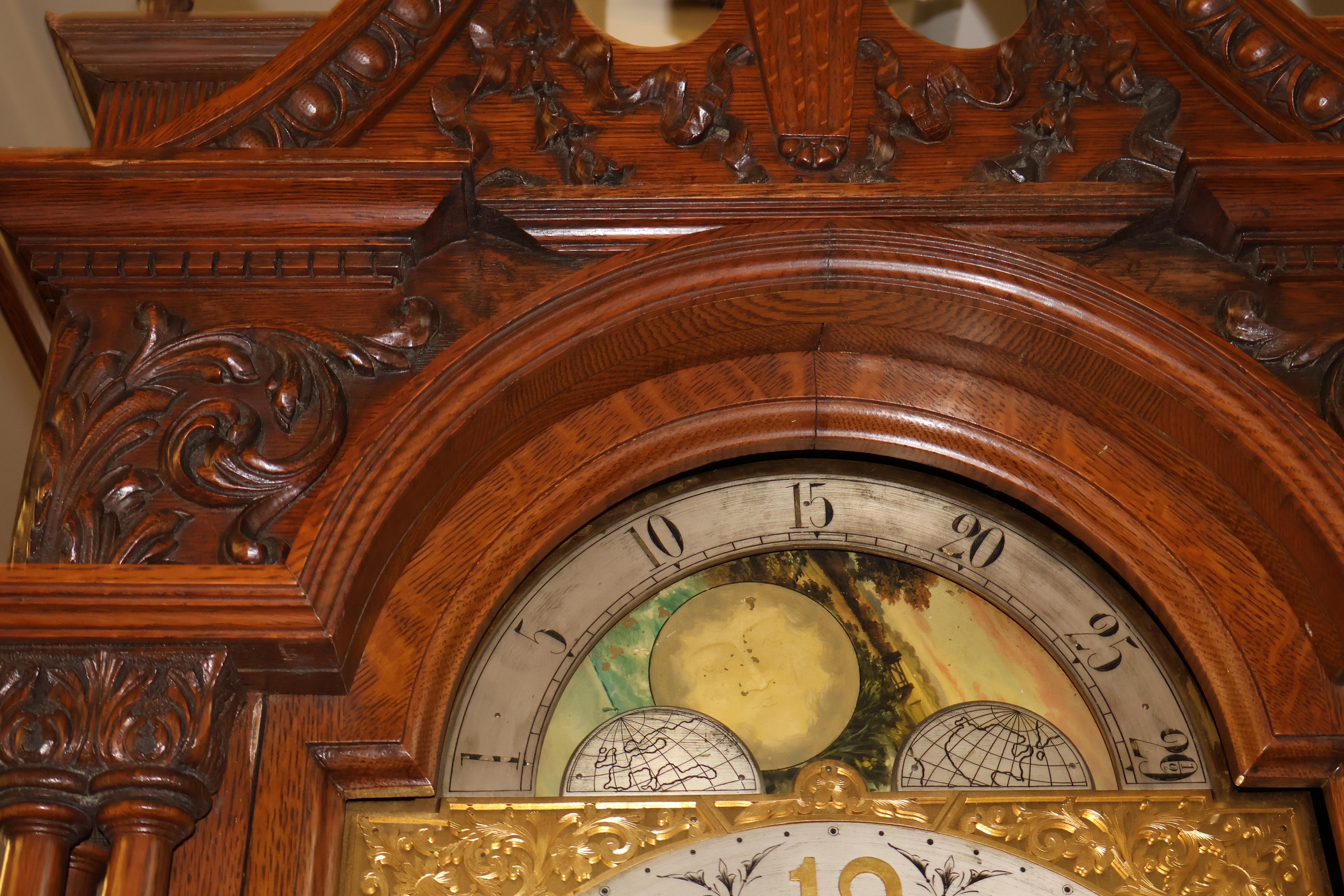 19. Jahrhundert Tiffany & CO Eiche 5 musikalische 5 Gong hohe Gehäuse Großvater Uhr im Angebot 8
