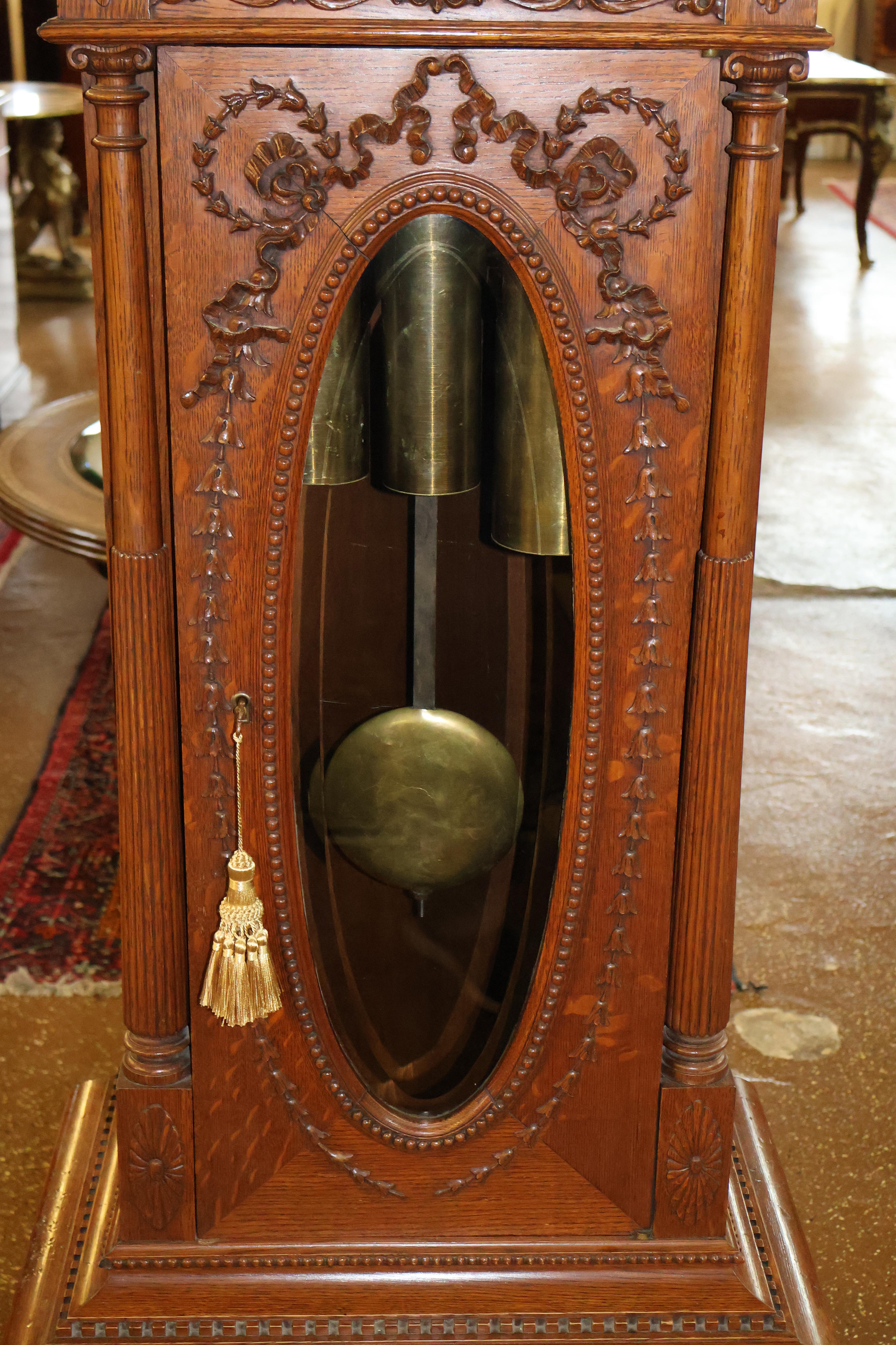 19th Century Tiffany & CO Oak 5 Musical 5 Gong Tall Case Grandfather Clock For Sale 3