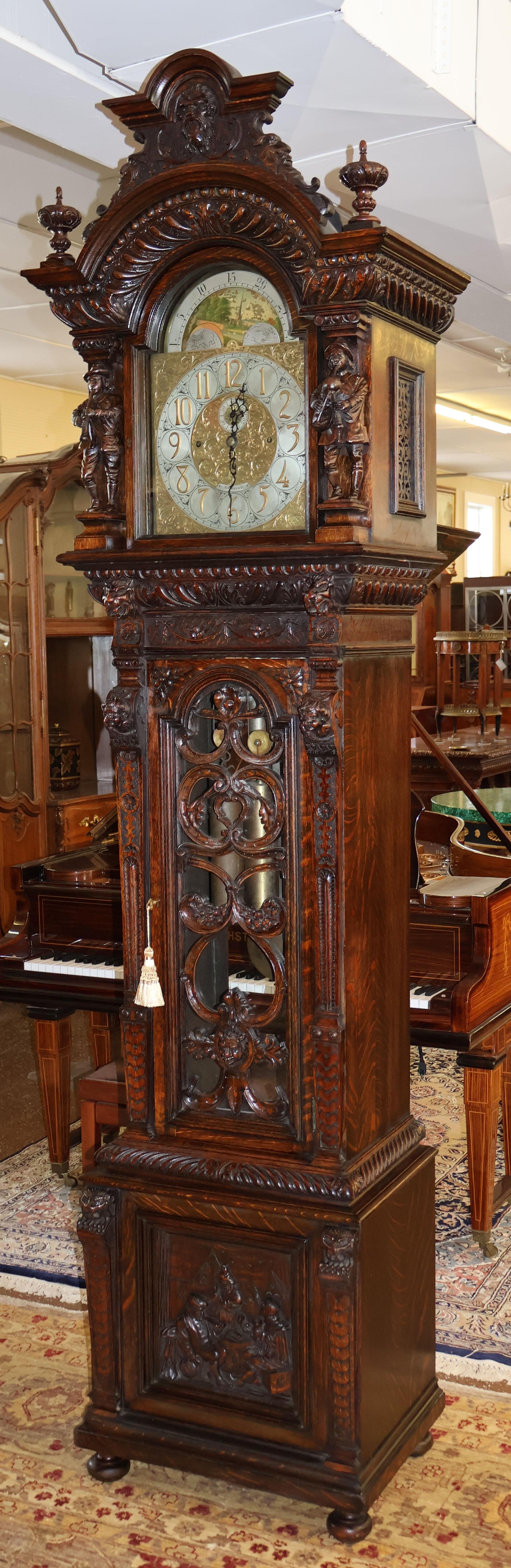 Late Victorian 19th Century Tiffany & Co Tiger Oak Figural Tall Case Grandfather Clock 