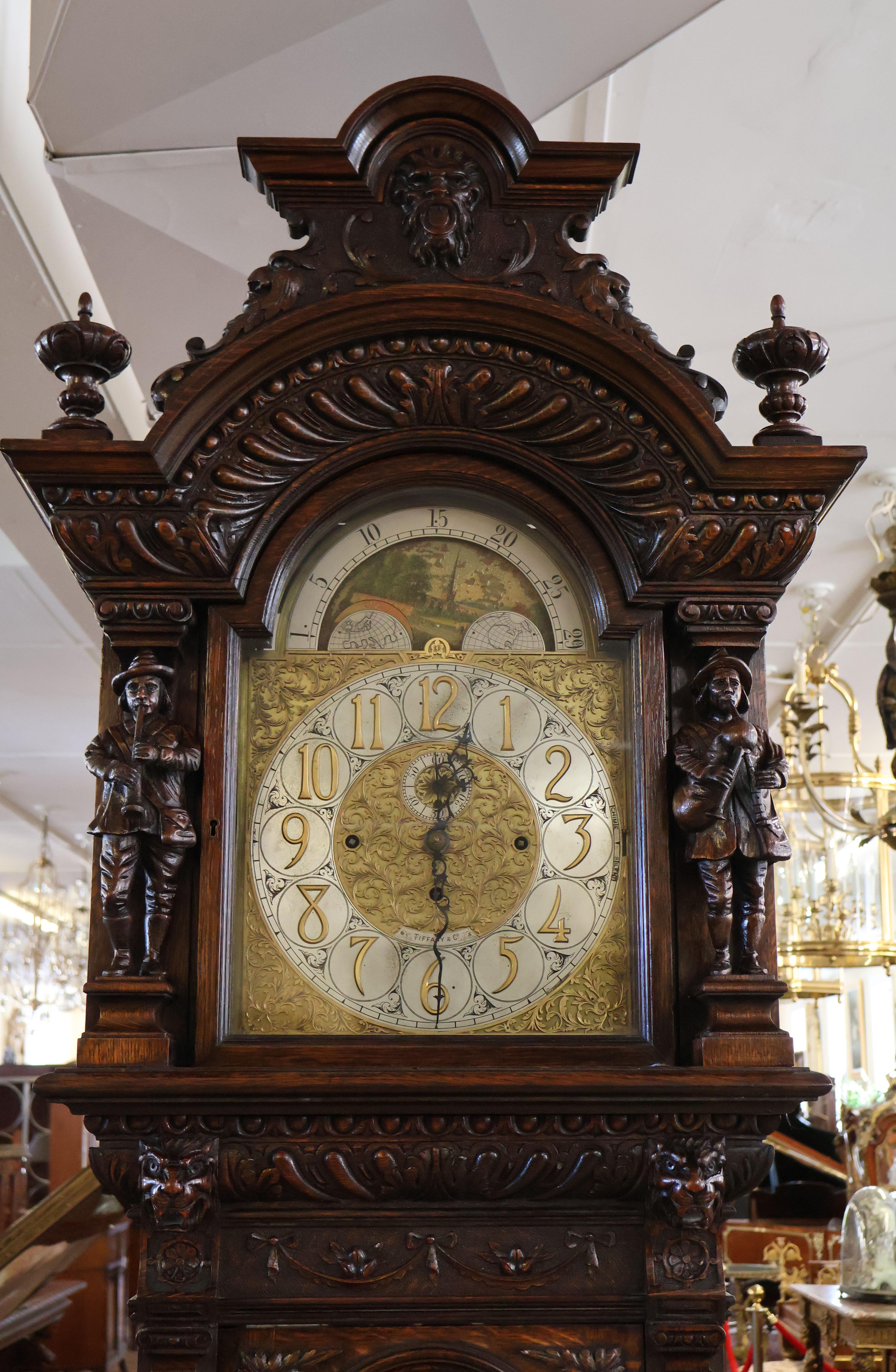 American 19th Century Tiffany & Co Tiger Oak Figural Tall Case Grandfather Clock 