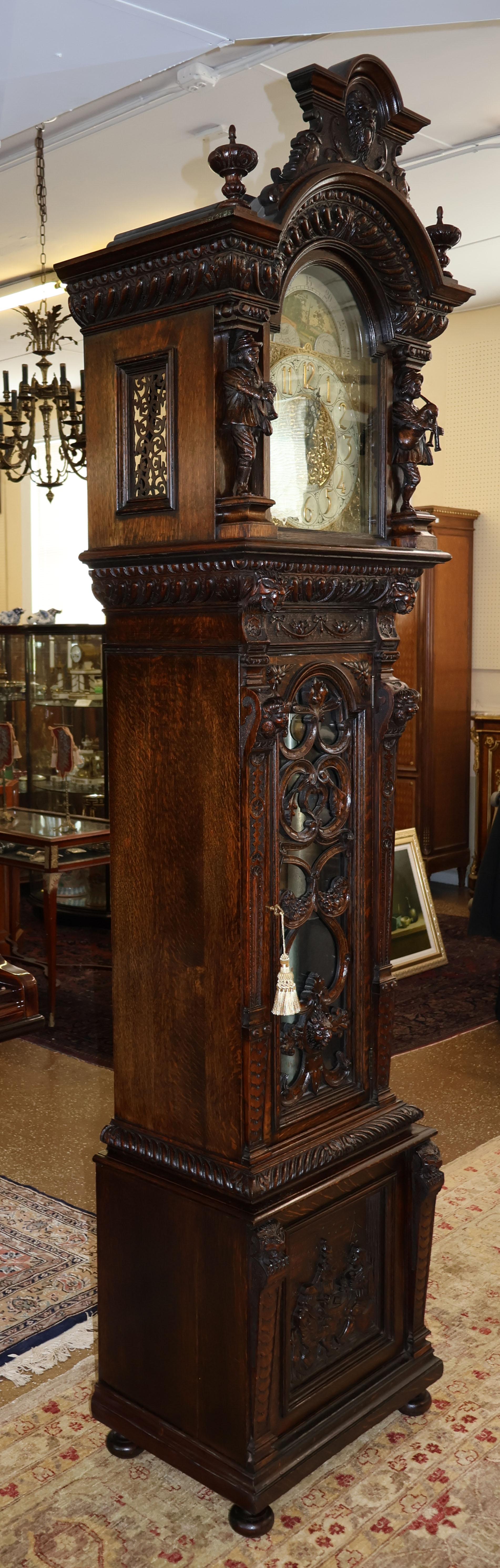 19th Century Tiffany & Co Tiger Oak Figural Tall Case Grandfather Clock  3