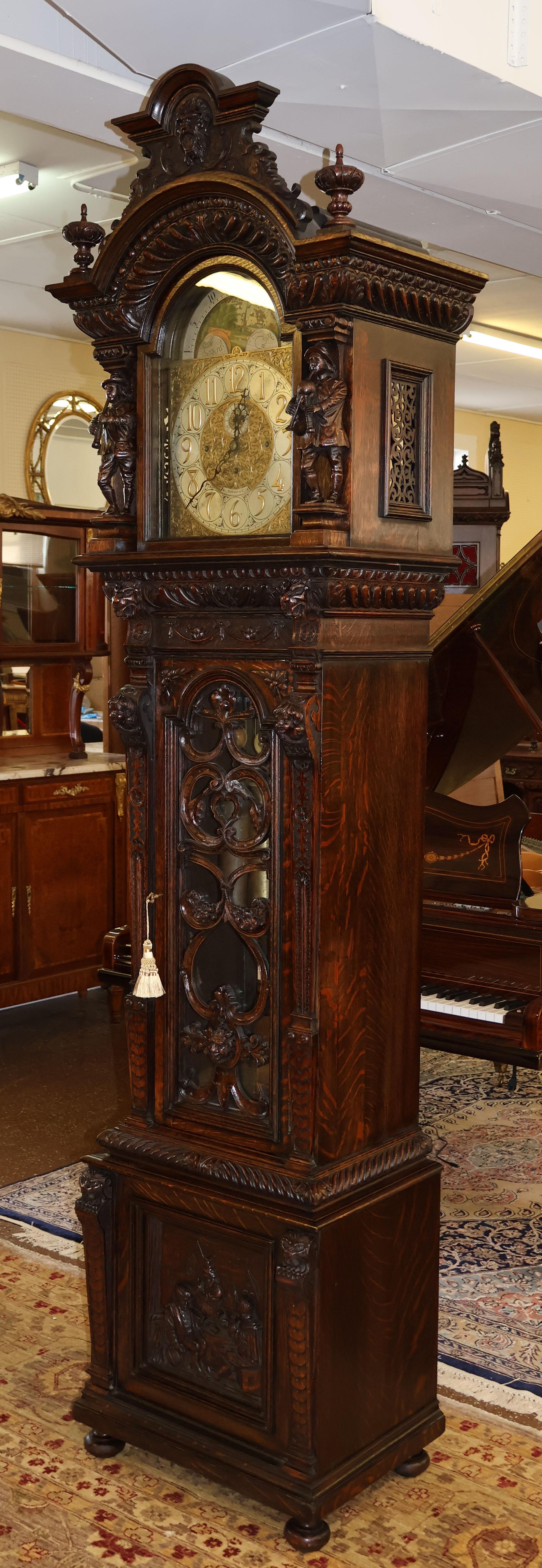 19th Century Tiffany & Co Tiger Oak Figural Tall Case Grandfather Clock  4
