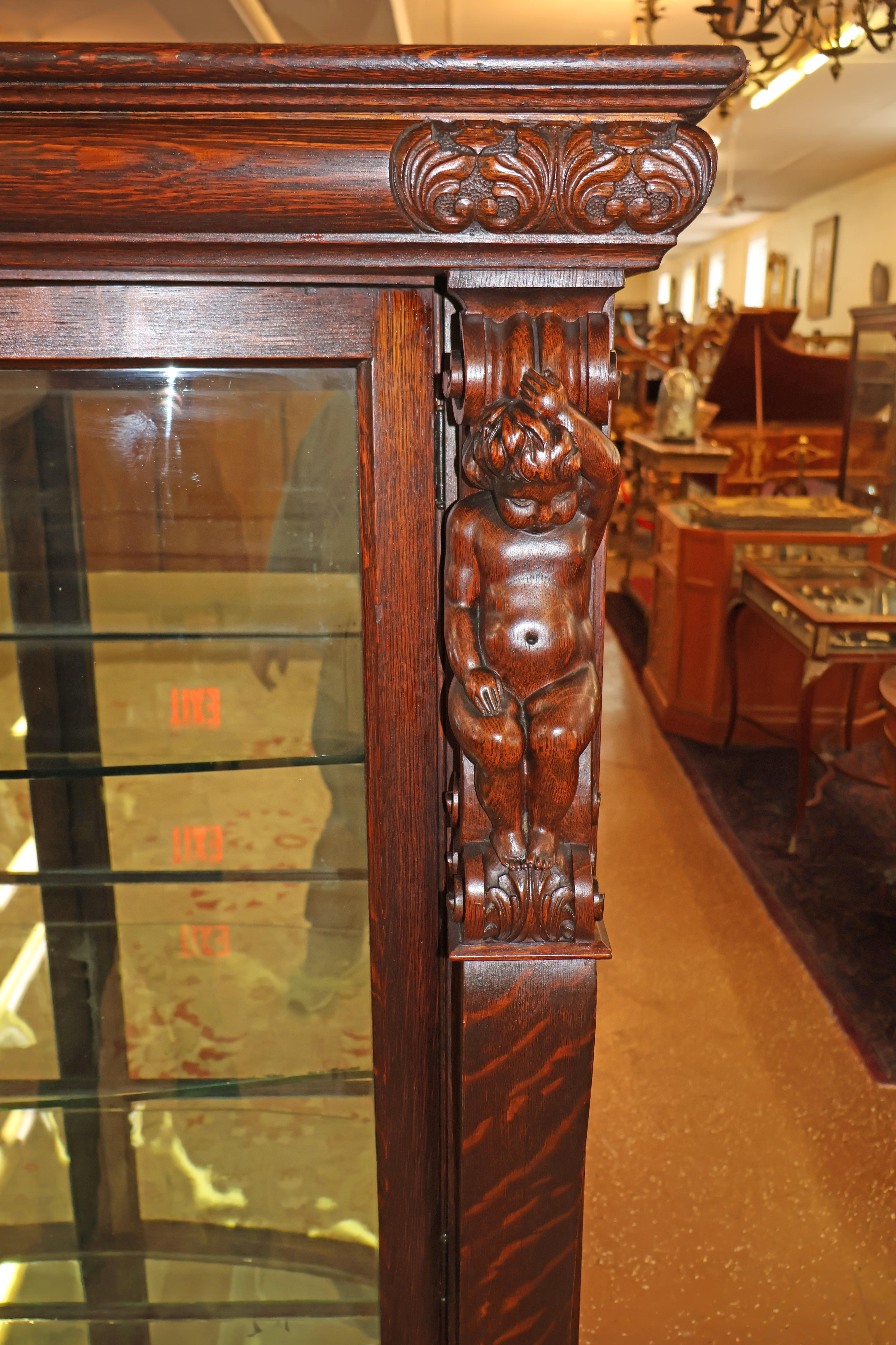 19th Century Tiger Oak Figural Carved Curio China Display Cabinet Attr RJ Horner For Sale 1