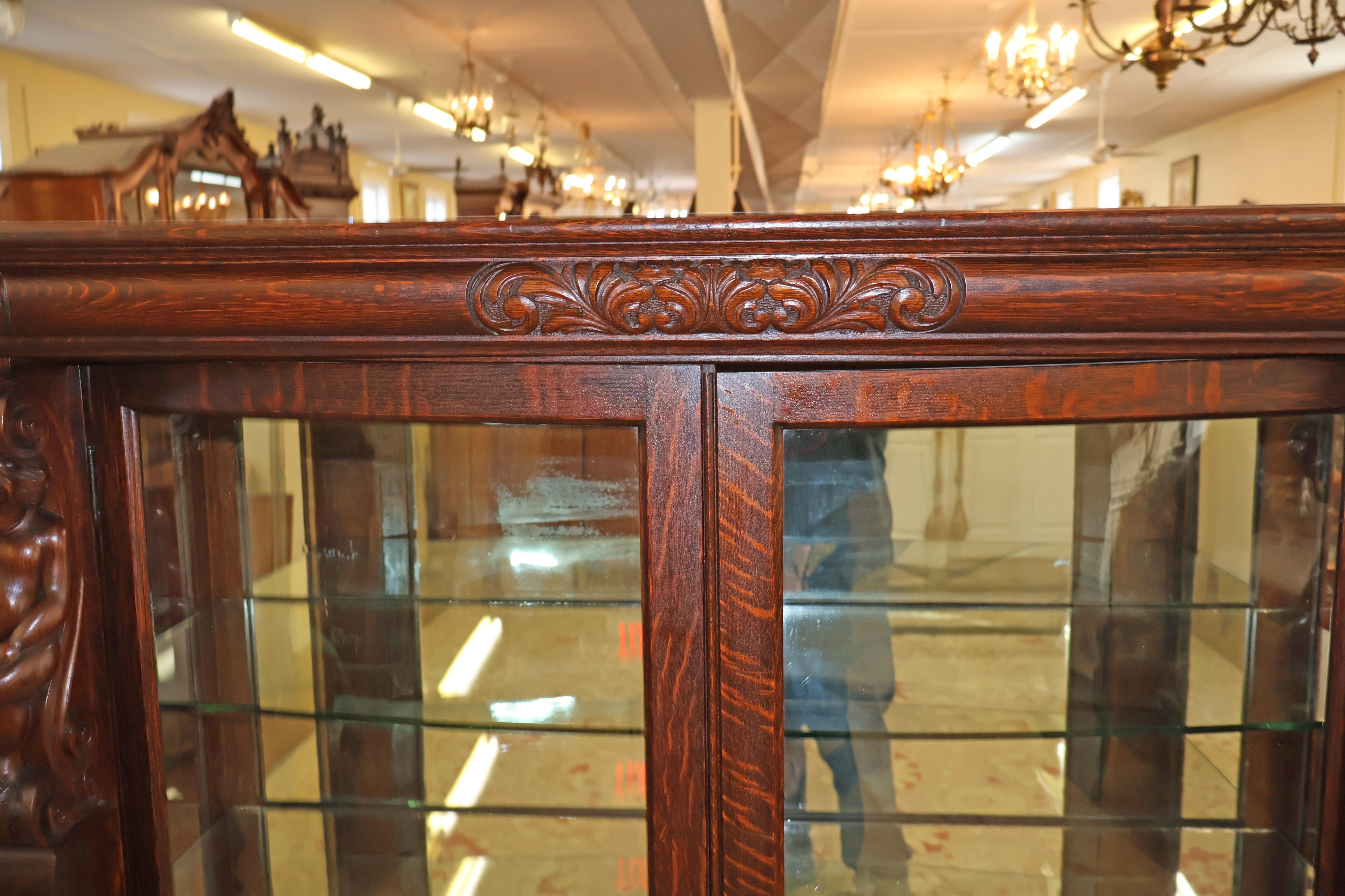 19th Century Tiger Oak Figural Carved Curio China Display Cabinet Attr RJ Horner For Sale 2