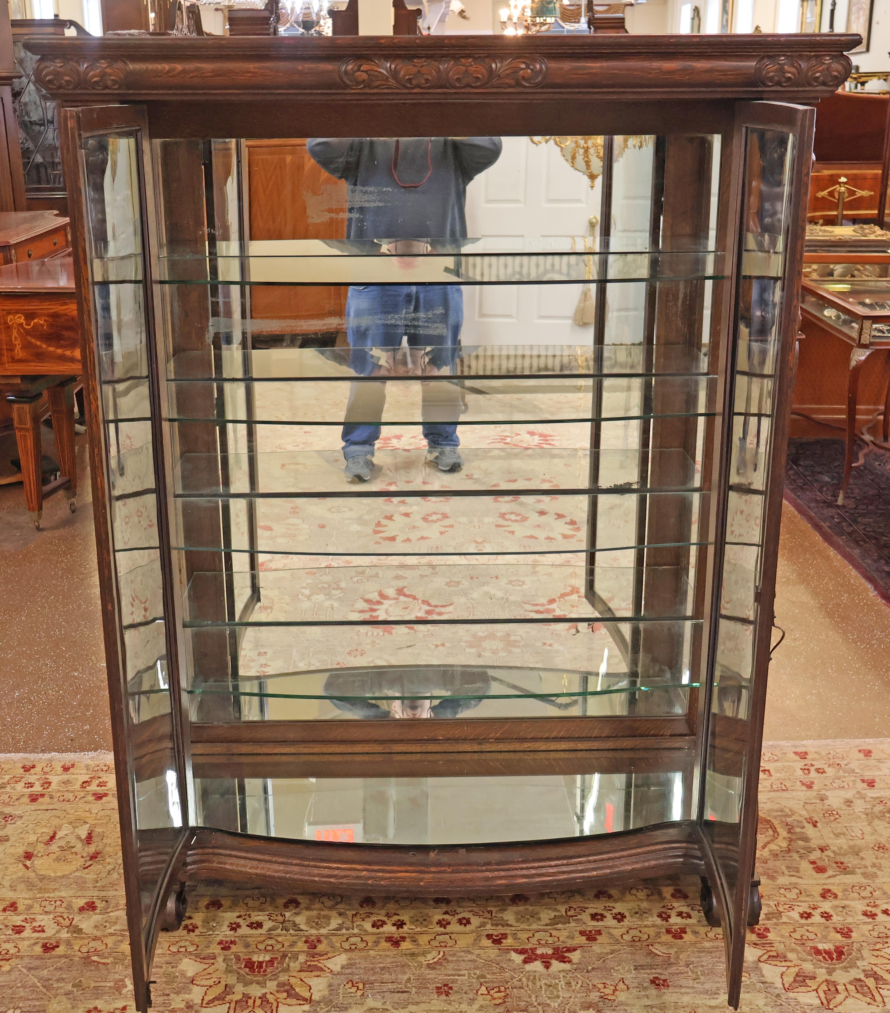 19th Century Tiger Oak Figural Carved Curio China Display Cabinet Attr RJ Horner For Sale 3