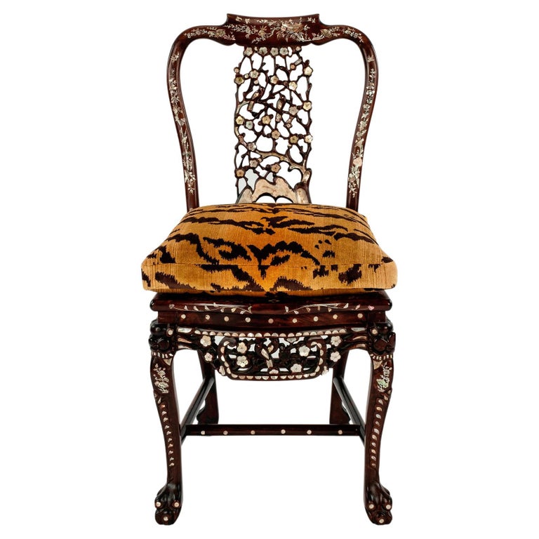19th Century Tiger Velvet Mother of Pearl Inlay Chair at 1stDibs