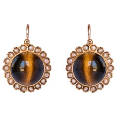 19th Century Tiger's Eye Natural Pearls 18 Karat Rose Gold Lever, Back Earrings