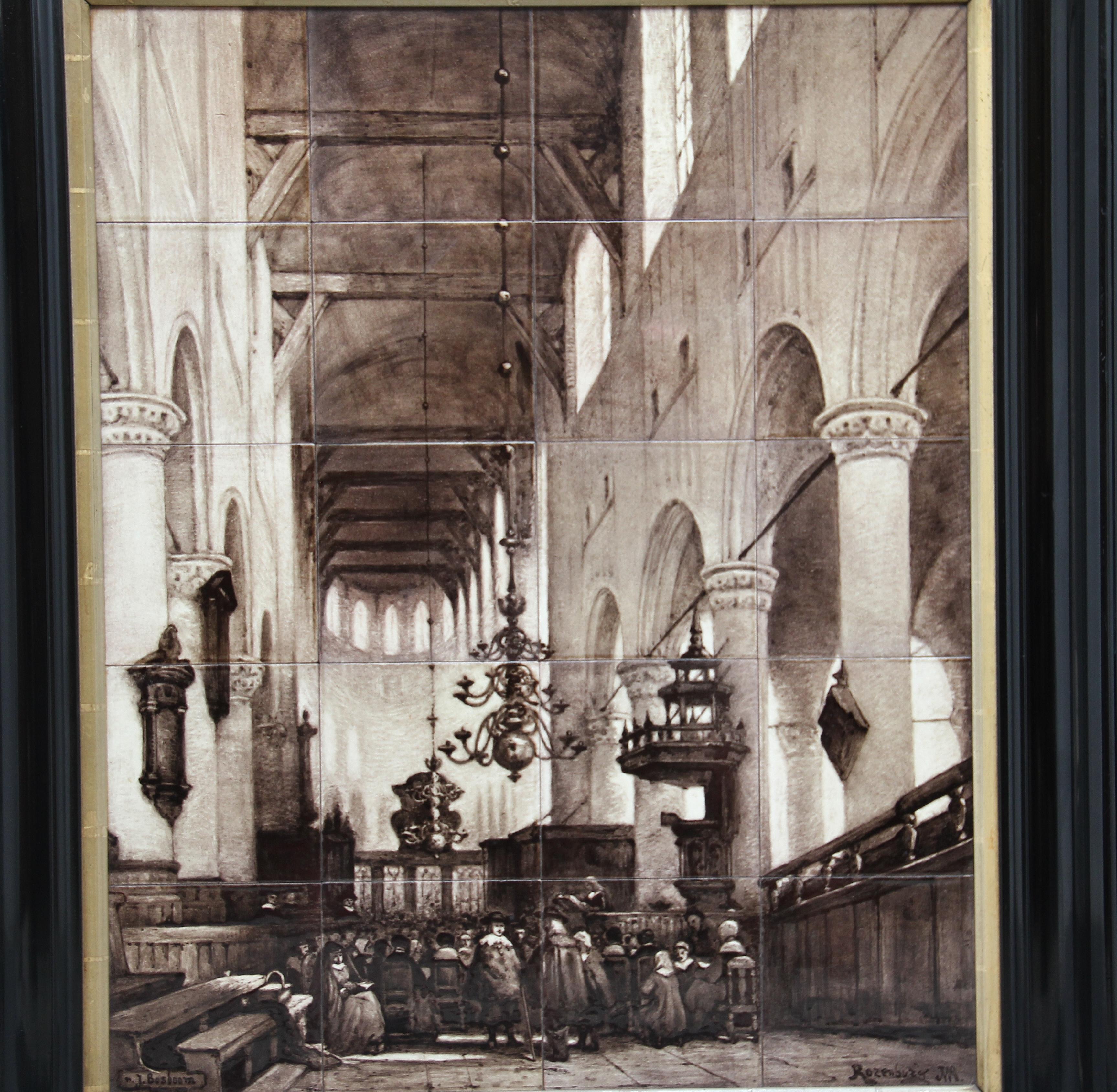 An unusual and rare Dutch interior scene of figures in a church made up of 20 separate glazed tiles in a nice ebonized frame, signed in the bottom right hand corner, circa 1890.
     
