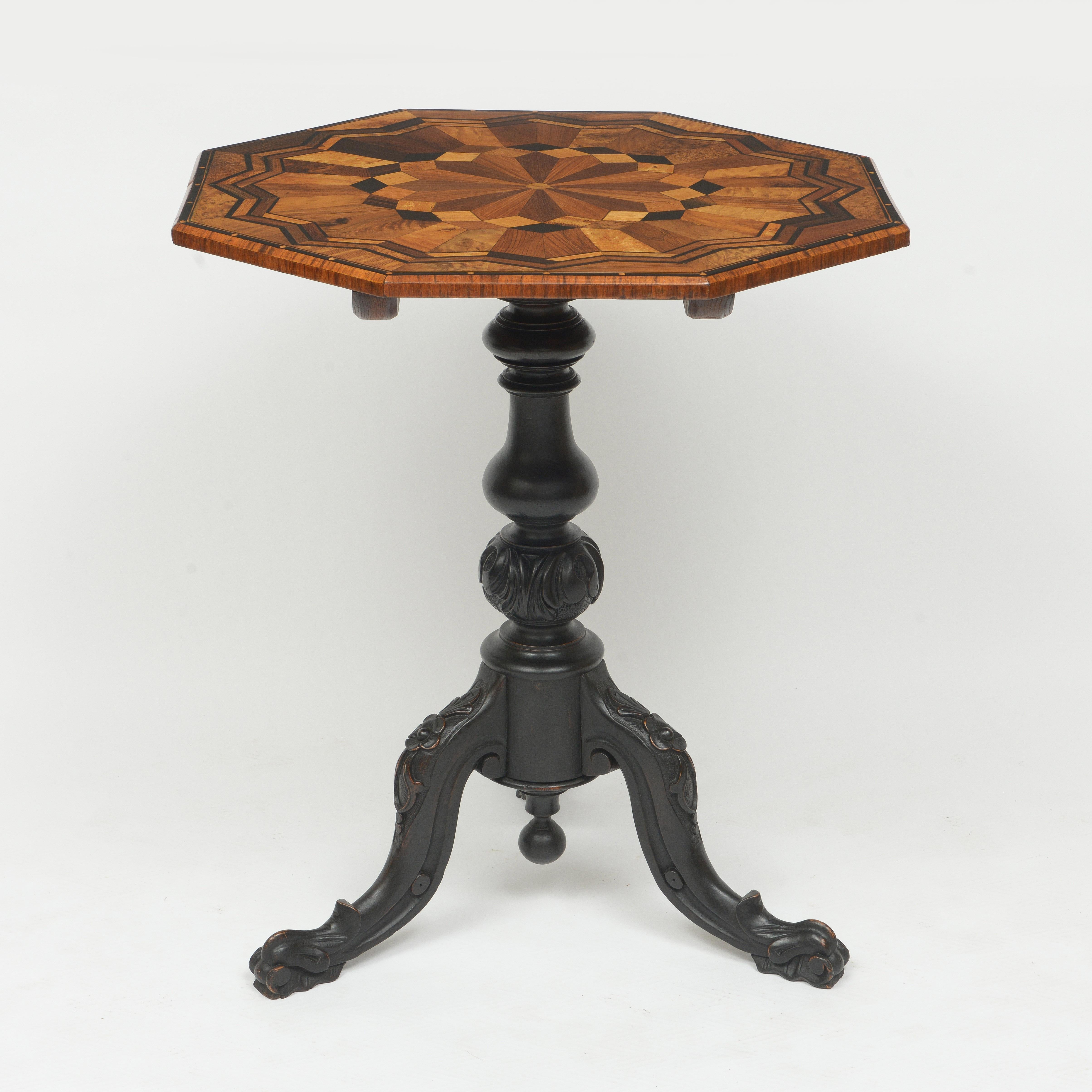 Hand-Crafted 19th Century Tilt Top Parquetry Table With Ebonized Base For Sale