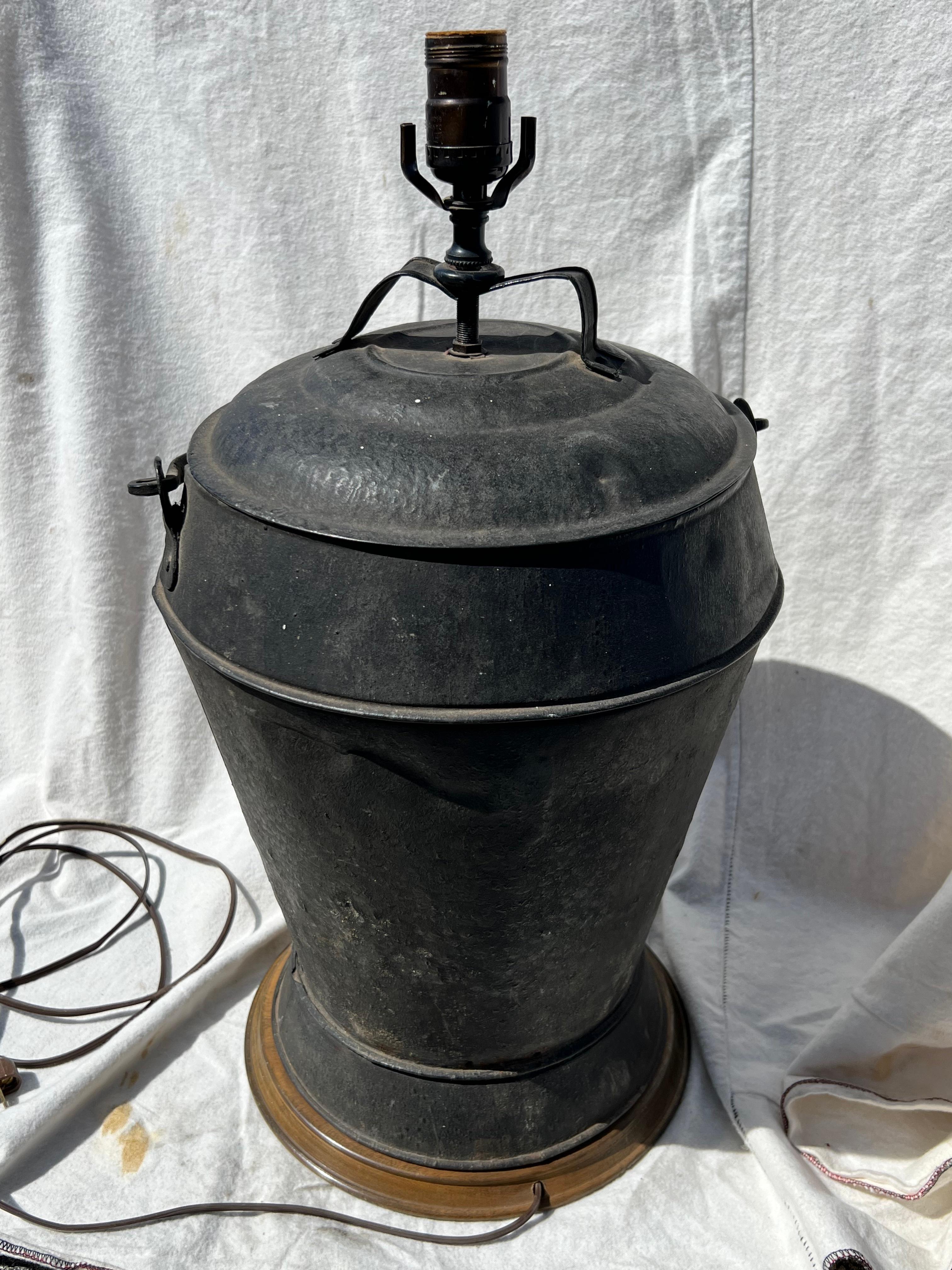 19th Century Tin Bucket, Converted to Lamp In Good Condition For Sale In Nantucket, MA