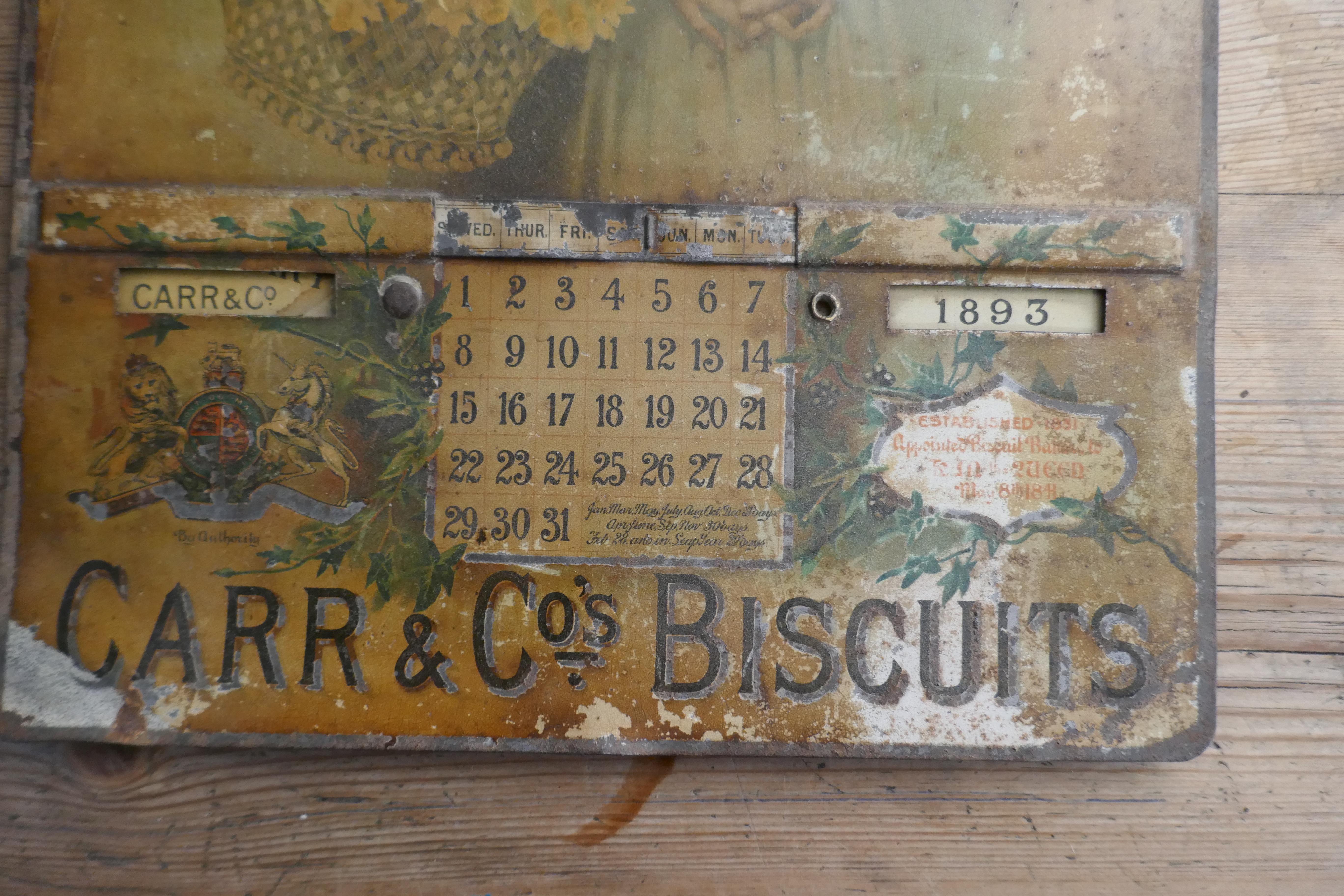 19th century tin plate perpetual calendar advertising Carr’s Biscuits 1893-1904

A great piece showing signs of wear now perhaps but this calendar was first issued in 1893, so perhaps we can excuse the condition
The day and year date wheels are