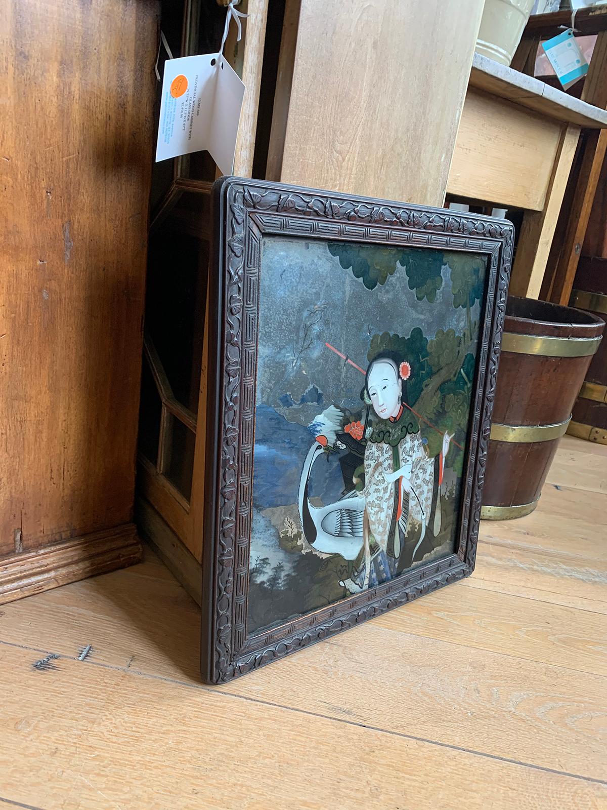 Glass 19th Century to Turn of the Century Chinese Framed Églomisé Portrait of Woman For Sale