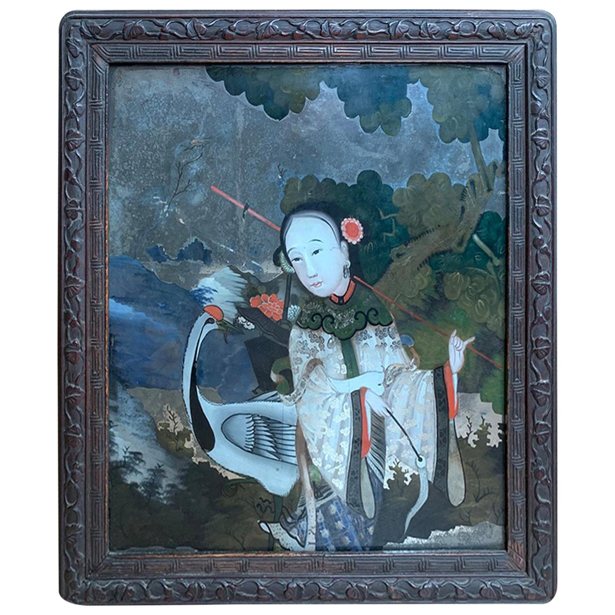 19th Century to Turn of the Century Chinese Framed Églomisé Portrait of Woman For Sale