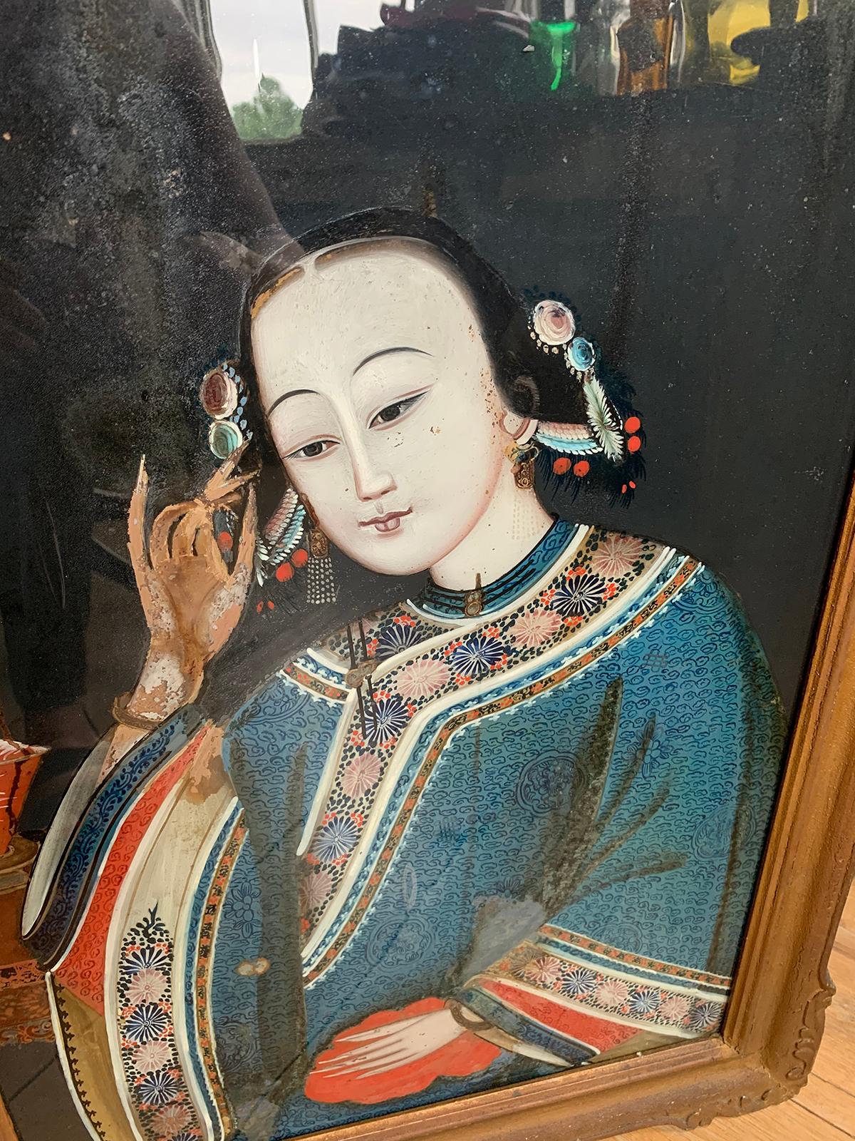 19th Century to Turn of the Century Chinese Framed Portrait Painting of Woman For Sale 7