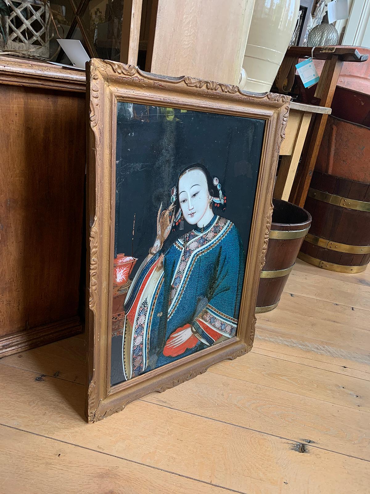 19th Century to Turn of the Century Chinese Framed Portrait Painting of Woman In Good Condition For Sale In Atlanta, GA